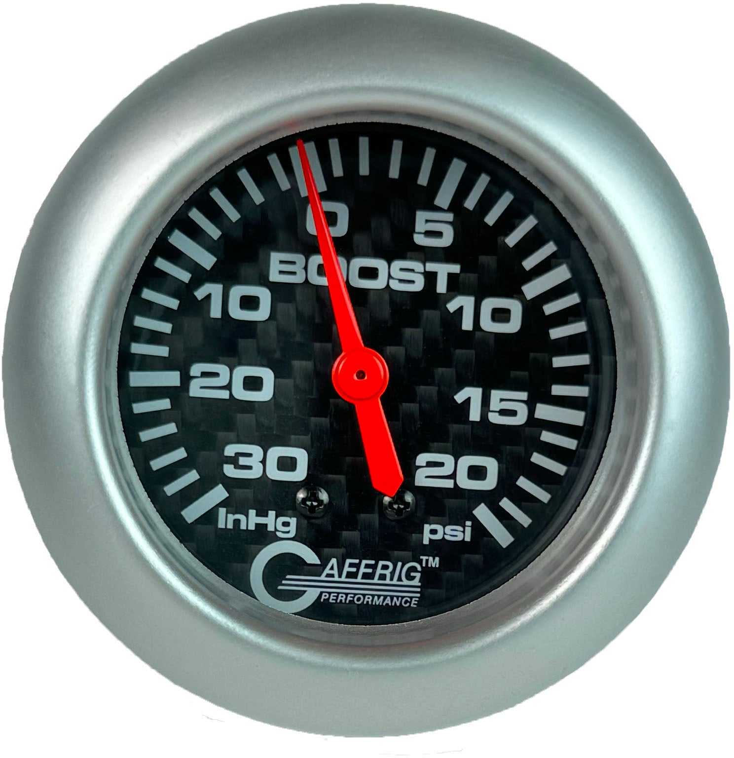 GAFFRIG PART #12012 2 5/8 INCH MECHANICAL VACUUM 0-30 HG/BOOST GAUGE 0-20 PSI CARBON FIBER PLATINUM