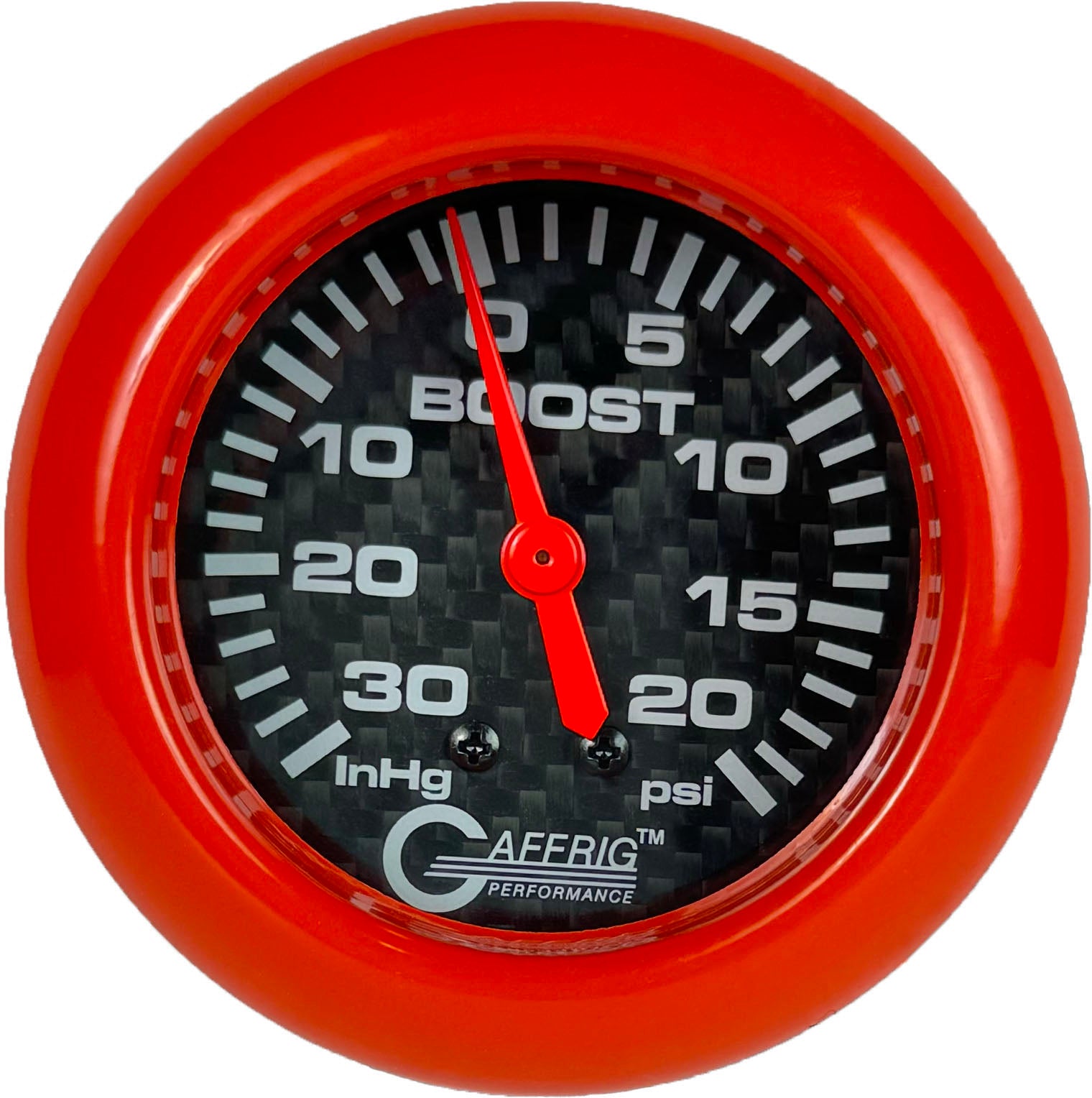 GAFFRIG PART #12012 2 5/8 INCH MECHANICAL VACUUM 0-30 HG/BOOST GAUGE 0-20 PSI CARBON FIBER ORANGE