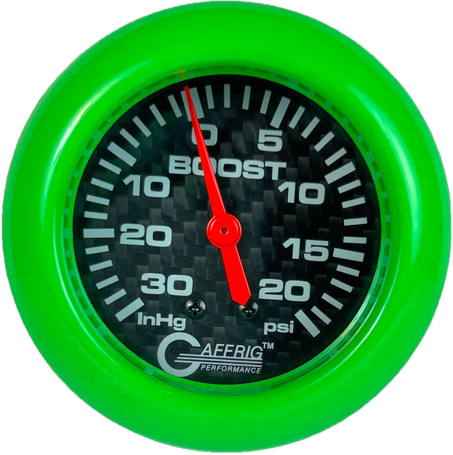 GAFFRIG PART #12012 2 5/8 INCH MECHANICAL VACUUM 0-30 HG/BOOST GAUGE 0-20 PSI CARBON FIBER LIME GREEN