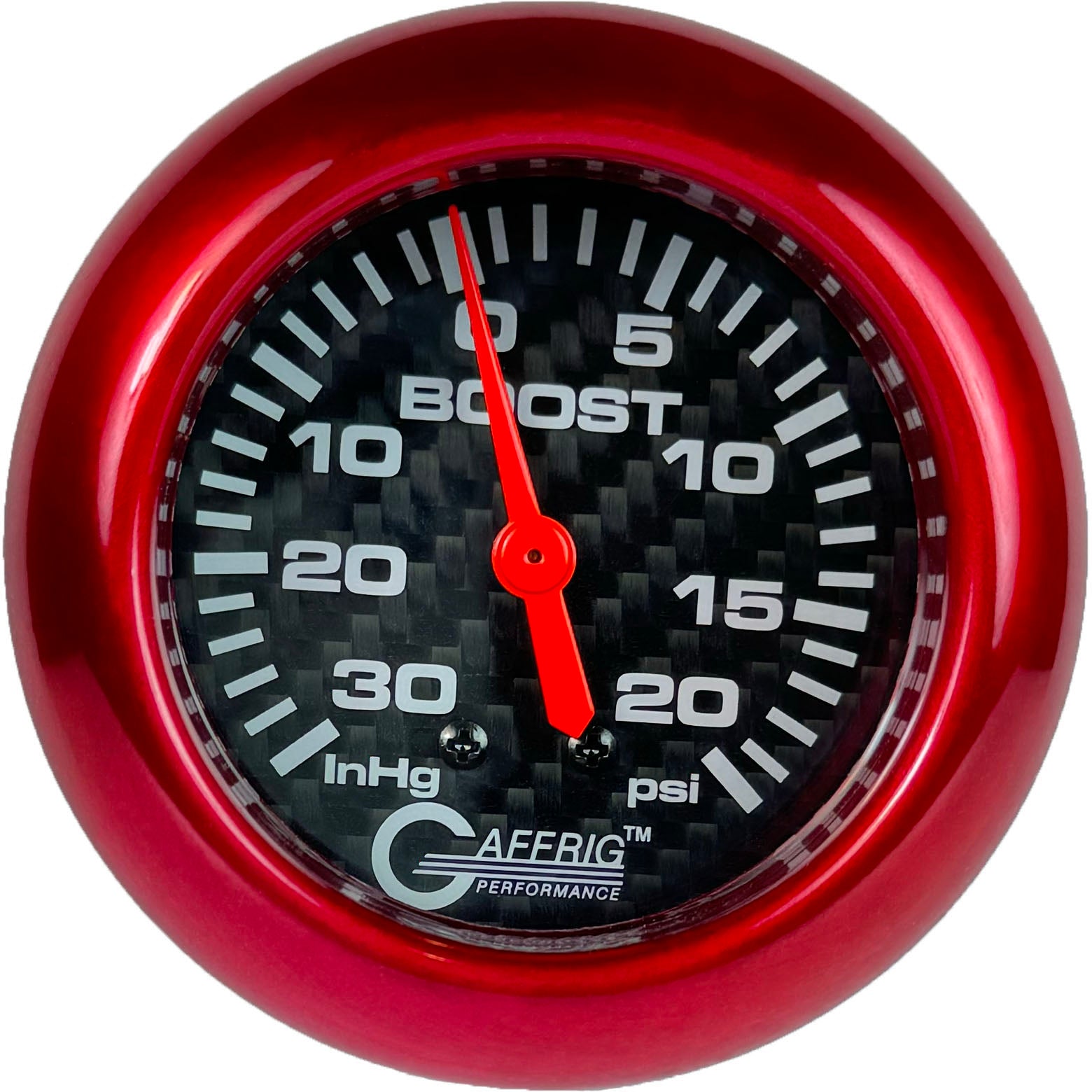 GAFFRIG PART #12012 2 5/8 INCH MECHANICAL VACUUM 0-30 HG/BOOST GAUGE 0-20 PSI CARBON FIBER RED