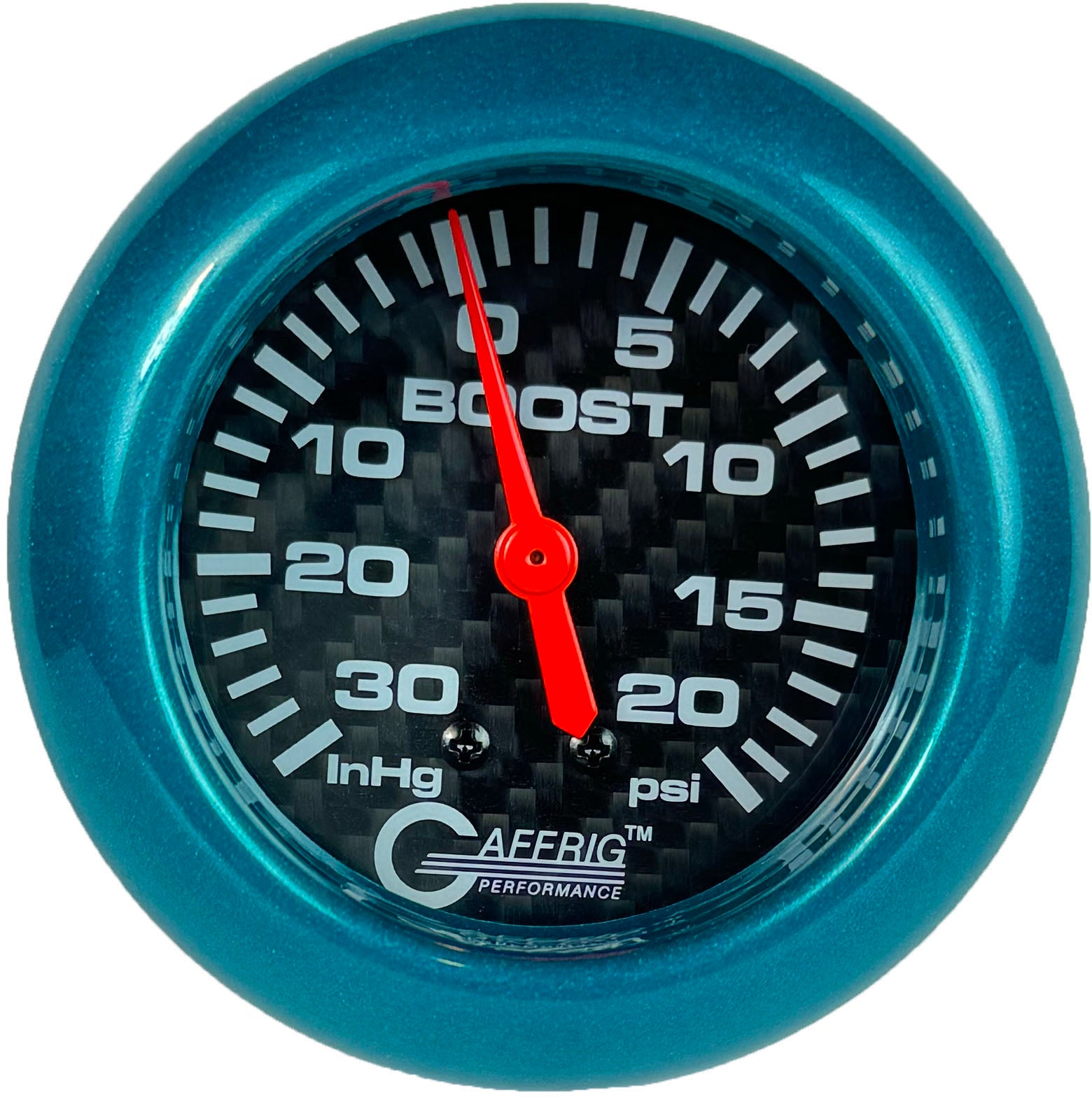 GAFFRIG PART #12012 2 5/8 INCH MECHANICAL VACUUM 0-30 HG/BOOST GAUGE 0-20 PSI CARBON FIBER TEAL