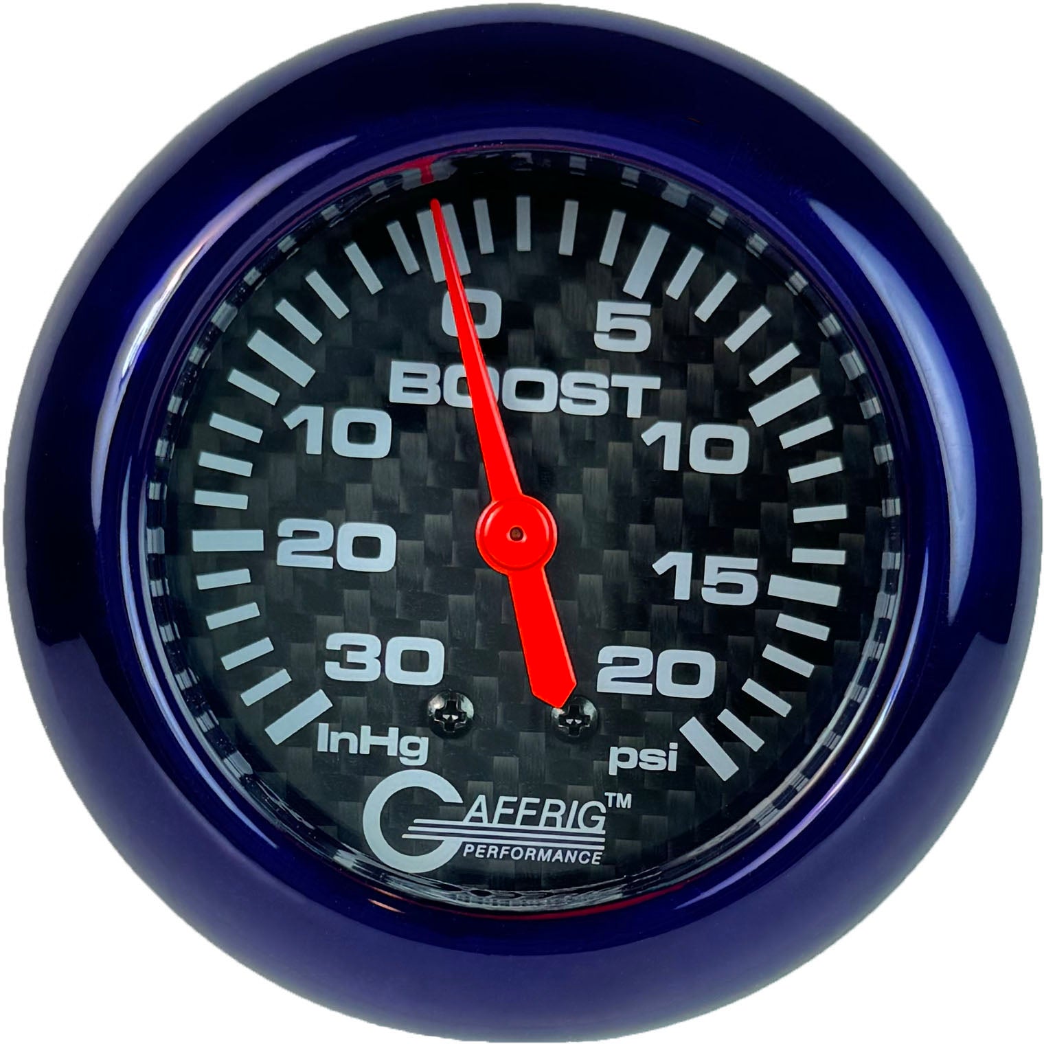 GAFFRIG PART #12012 2 5/8 INCH MECHANICAL VACUUM 0-30 HG/BOOST GAUGE 0-20 PSI CARBON FIBER PURPLE