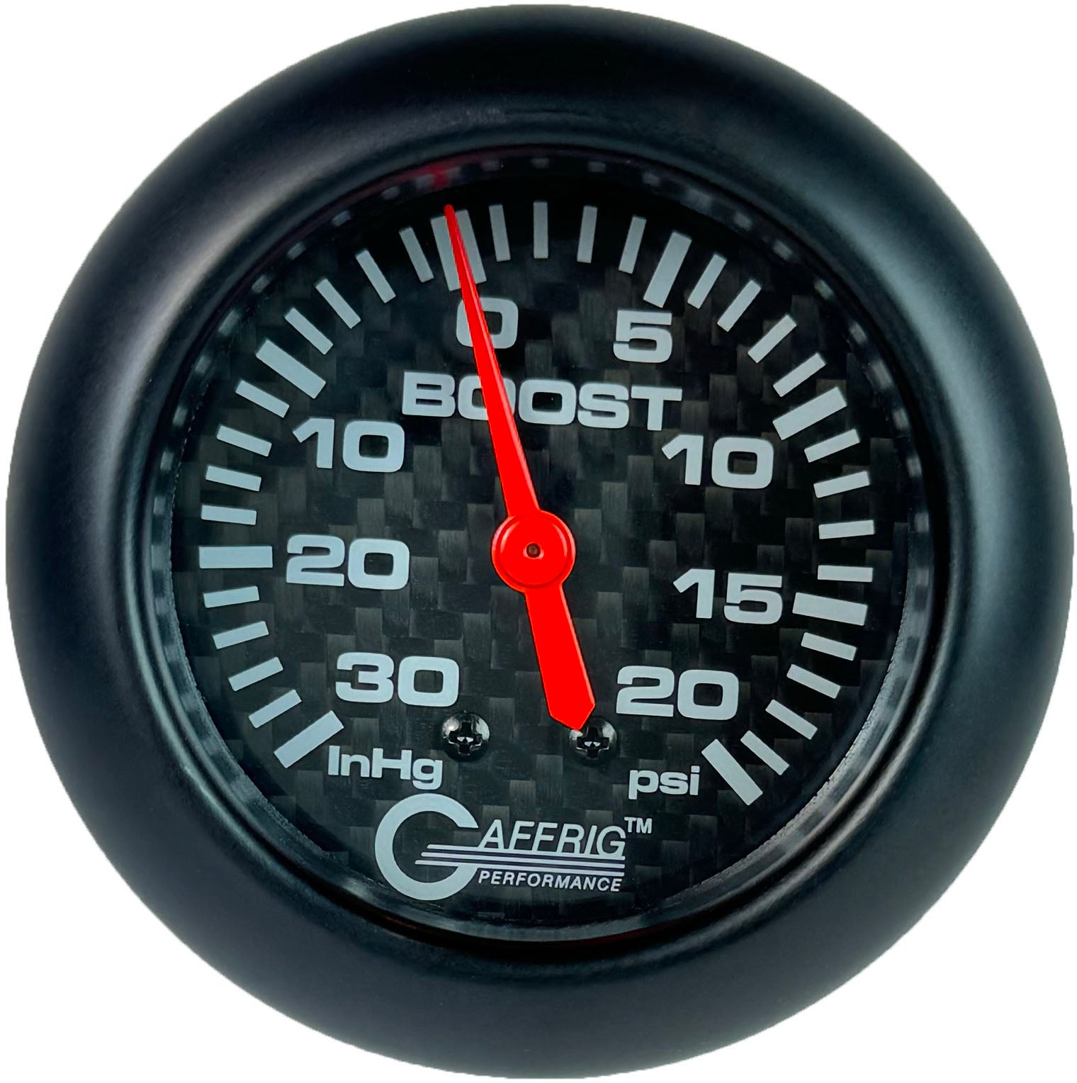 GAFFRIG PART #12012 2 5/8 INCH MECHANICAL VACUUM 0-30 HG/BOOST GAUGE 0-20 PSI CARBON FIBER BLACK