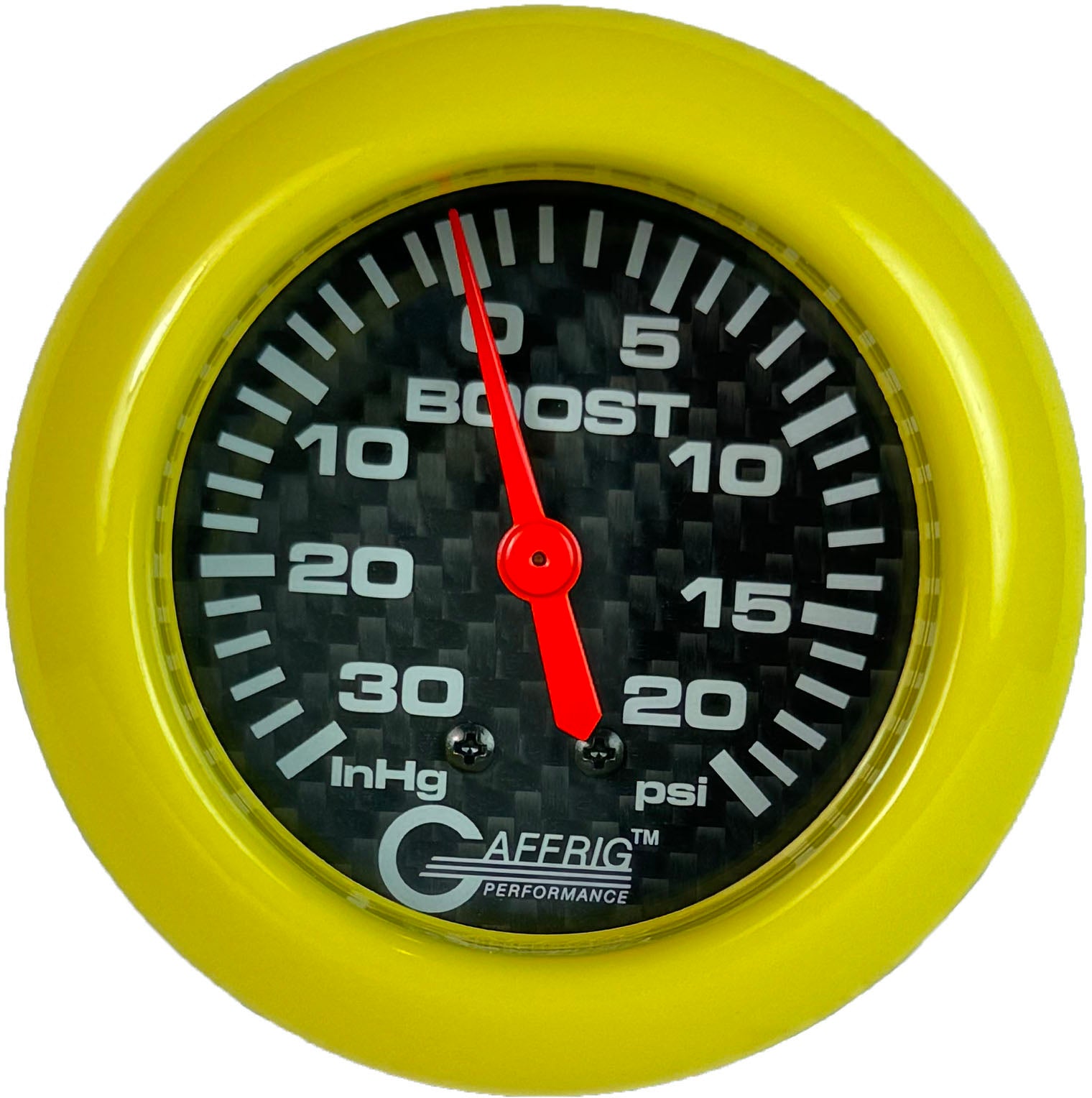 GAFFRIG PART #12012 2 5/8 INCH MECHANICAL VACUUM 0-30 HG/BOOST GAUGE 0-20 PSI CARBON FIBER YELLOW
