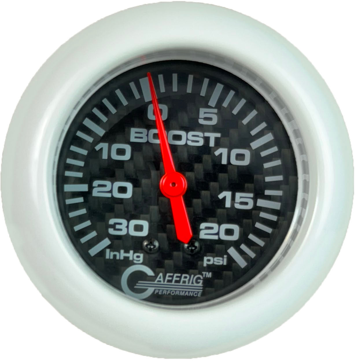 GAFFRIG PART #12012 2 5/8 INCH MECHANICAL VACUUM 0-30 HG/BOOST GAUGE 0-20 PSI CARBON FIBER WHITE