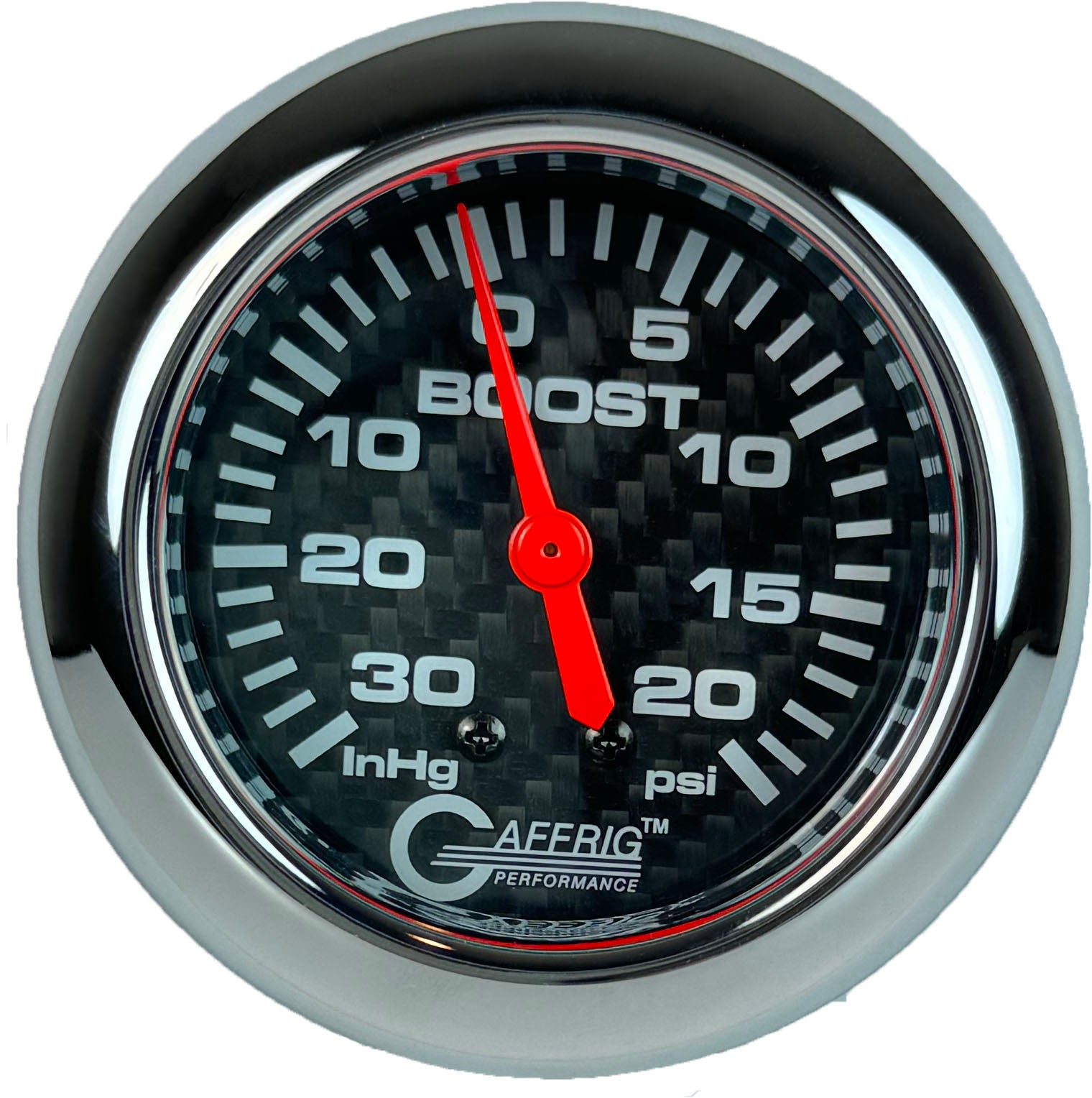 GAFFRIG PART #12012 2 5/8 INCH MECHANICAL VACUUM 0-30 HG/BOOST GAUGE 0-20 PSI CARBON FIBER CHROME