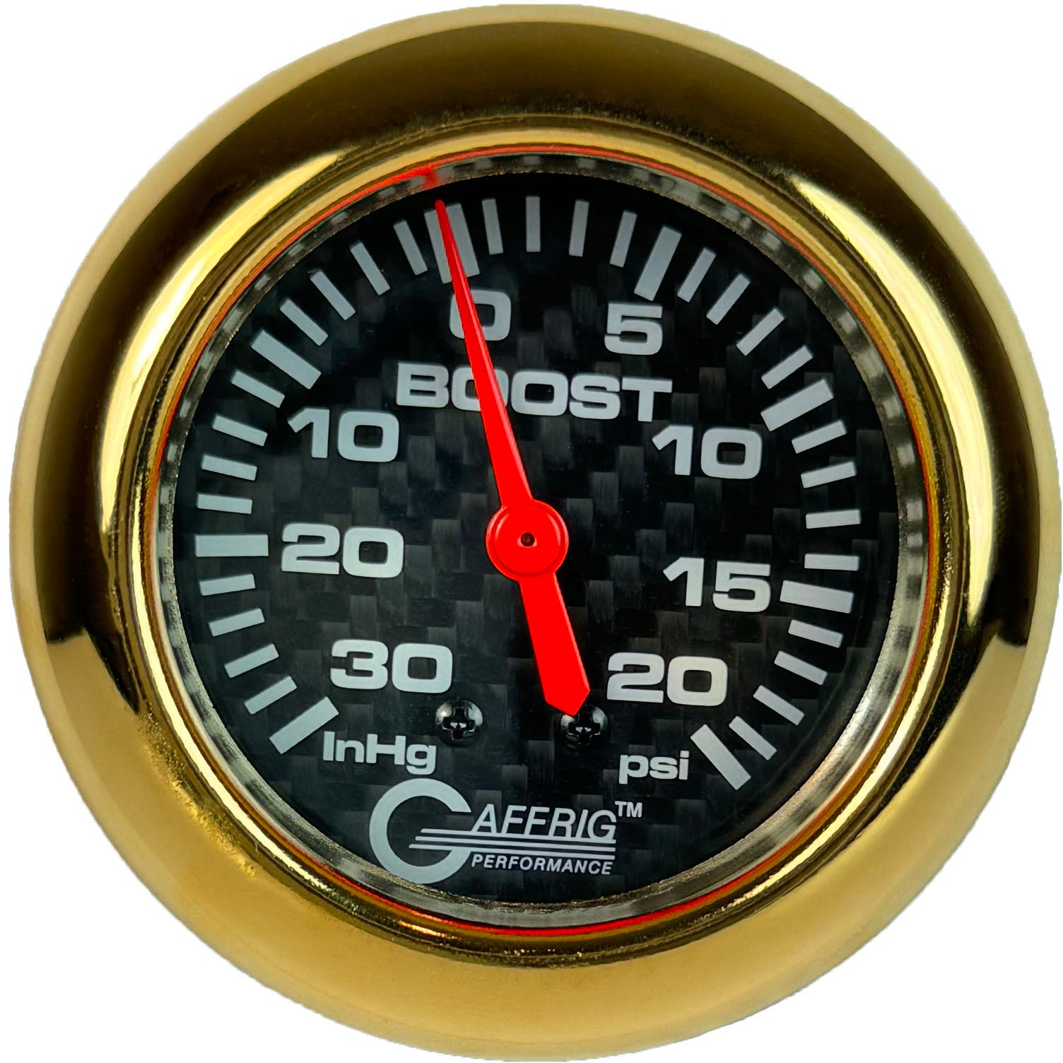 GAFFRIG PART #12012 2 5/8 INCH MECHANICAL VACUUM 0-30 HG/BOOST GAUGE 0-20 PSI CARBON FIBER GOLD
