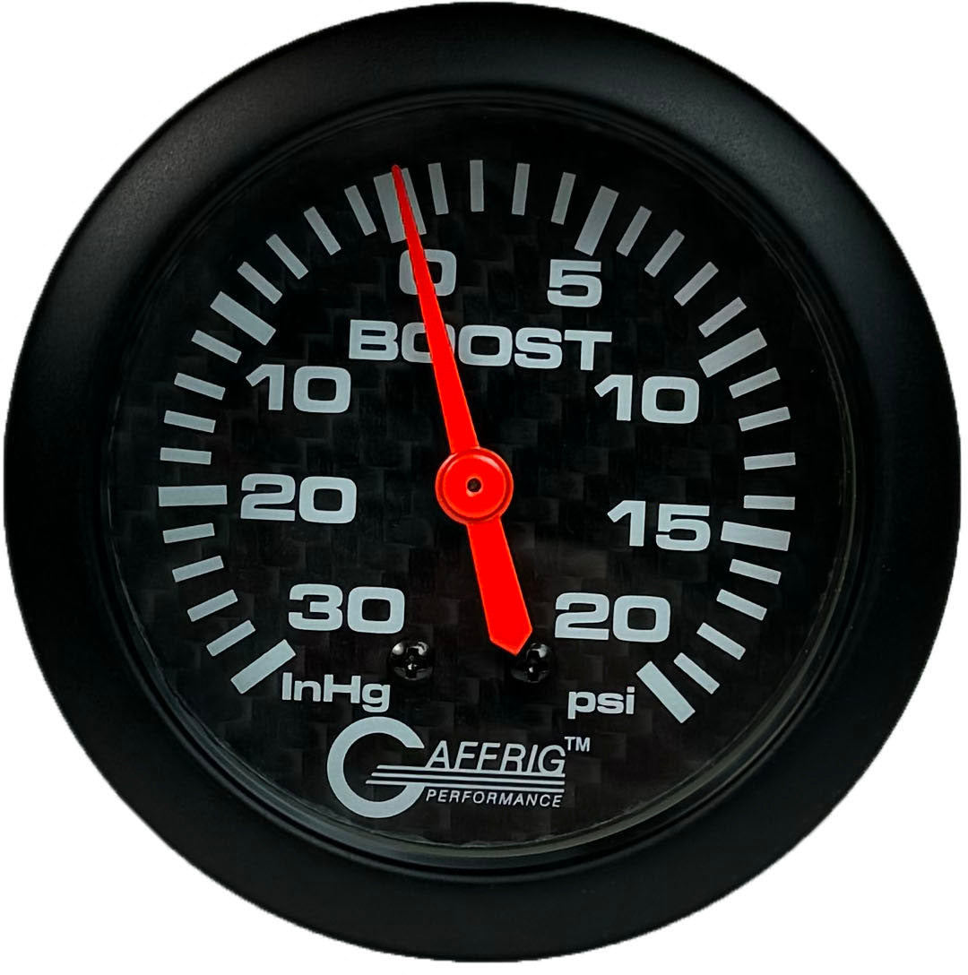 GAFFRIG PART #12012 2 5/8 INCH MECHANICAL VACUUM 0-30 HG/BOOST GAUGE 0-20 PSI CARBON FIBER NO FAT RIM (STANDARD)