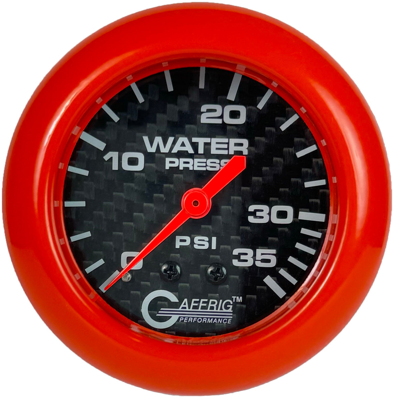 GAFFRIG PART #12014 2 5/8 INCH MECHANICAL WATER PRESSURE GAUGE 0-35 PSI CARBON FIBER ORANGE