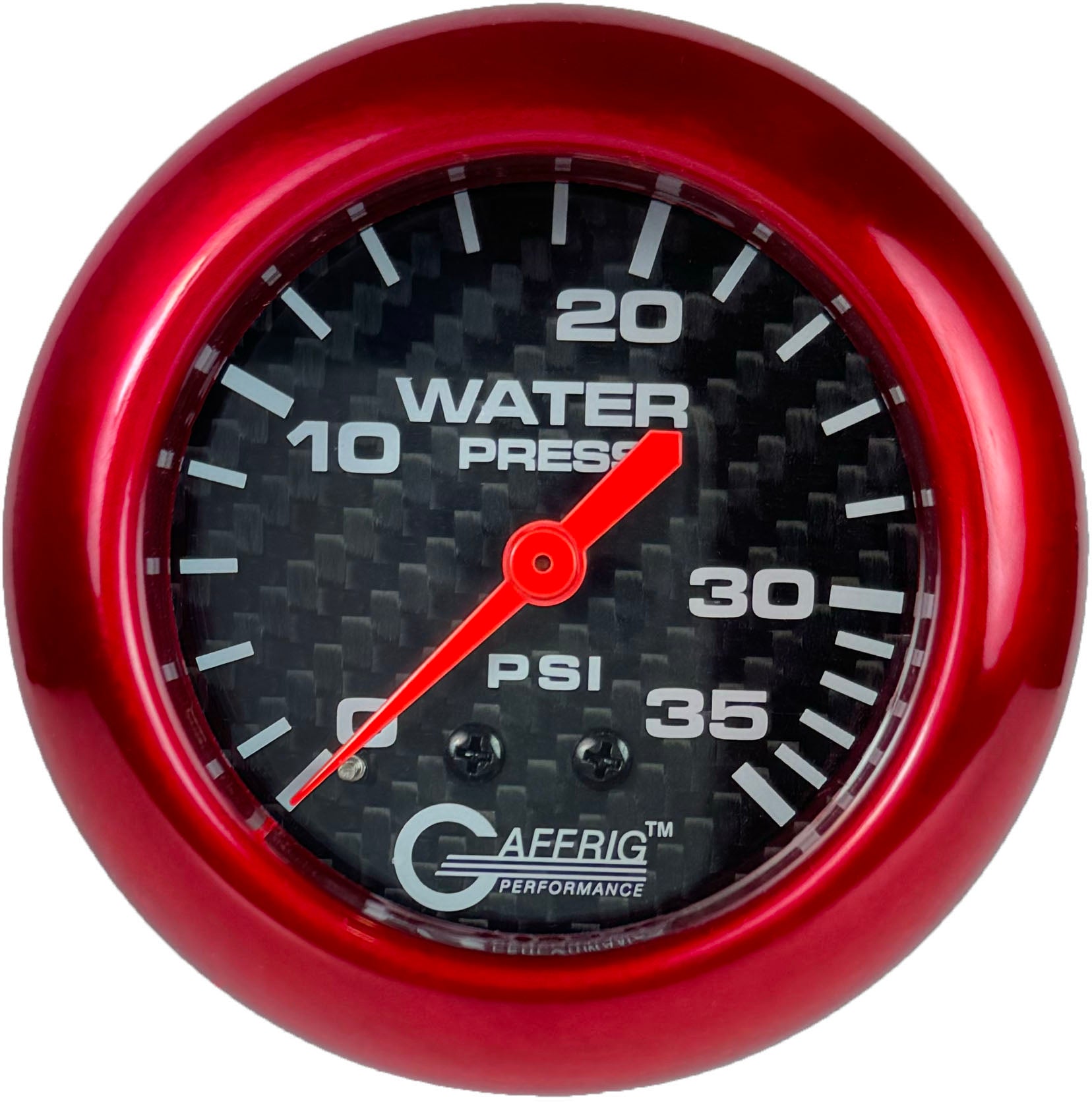 GAFFRIG PART #12014 2 5/8 INCH MECHANICAL WATER PRESSURE GAUGE 0-35 PSI CARBON FIBER RED
