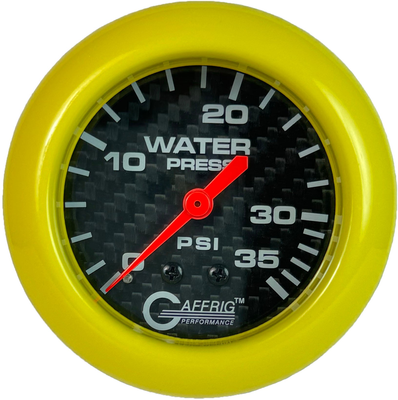 GAFFRIG PART #12014 2 5/8 INCH MECHANICAL WATER PRESSURE GAUGE 0-35 PSI CARBON FIBER YELLOW