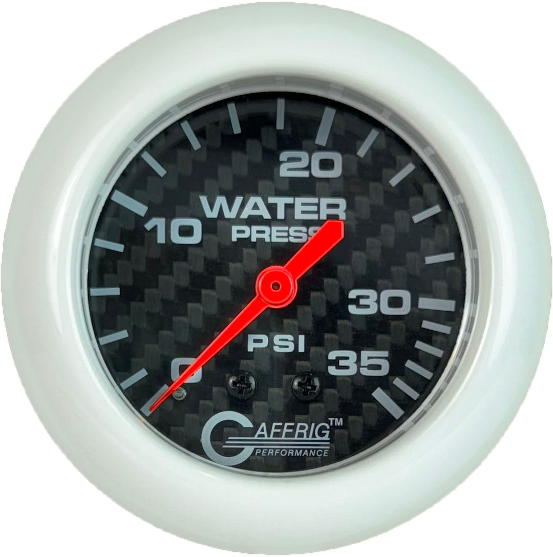 GAFFRIG PART #12014 2 5/8 INCH MECHANICAL WATER PRESSURE GAUGE 0-35 PSI CARBON FIBER WHITE