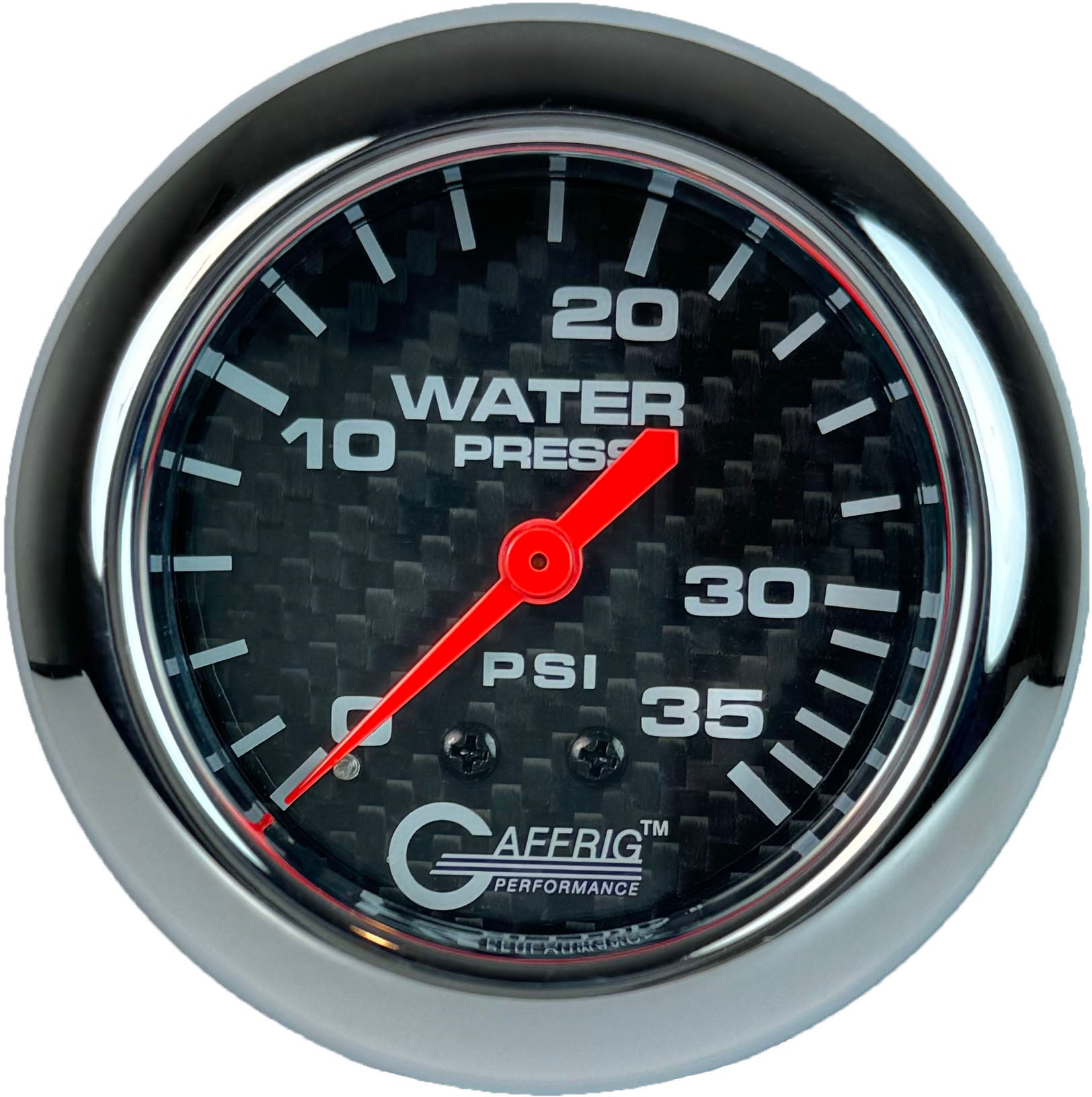 GAFFRIG PART #12014 2 5/8 INCH MECHANICAL WATER PRESSURE GAUGE 0-35 PSI CARBON FIBER CHROME