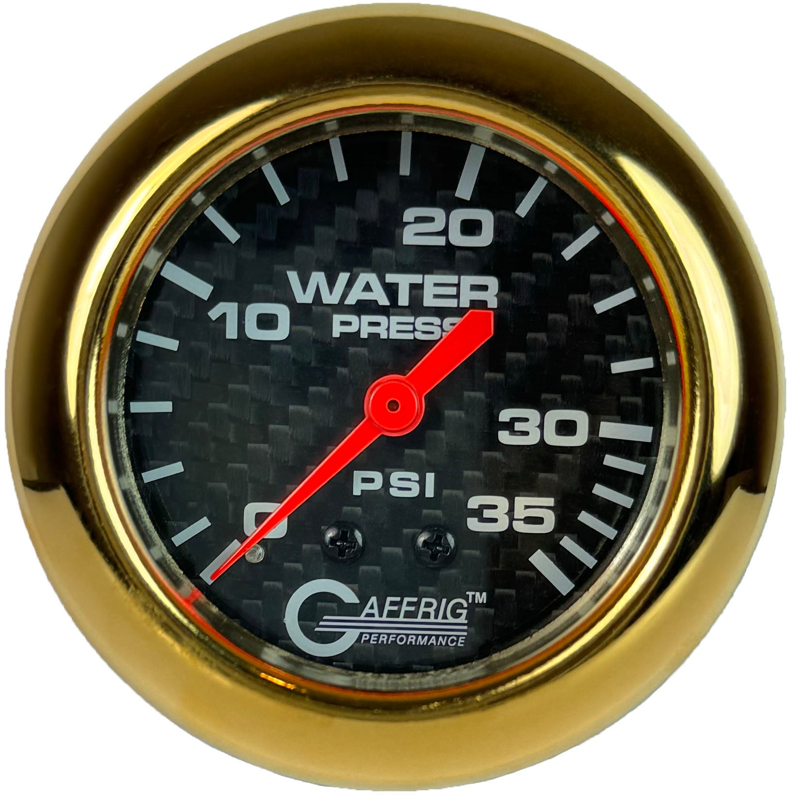 GAFFRIG PART #12014 2 5/8 INCH MECHANICAL WATER PRESSURE GAUGE 0-35 PSI CARBON FIBER GOLD