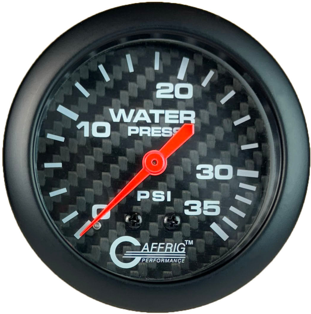 GAFFRIG PART #12014 2 5/8 INCH MECHANICAL WATER PRESSURE GAUGE 0-35 PSI CARBON FIBER NO FAT RIM (STANDARD)