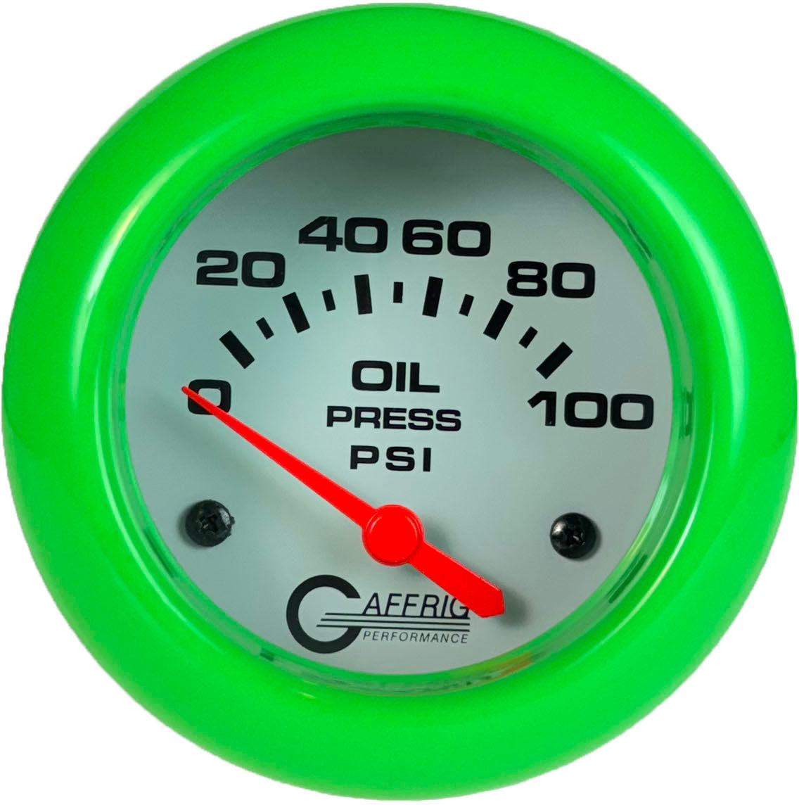 GAFFRIG PART #13002 2 5/8 INCH ELECTRIC OIL PRESSURE 0-100 PSI - INCLUDES SENDER WHITE LIME GREEN