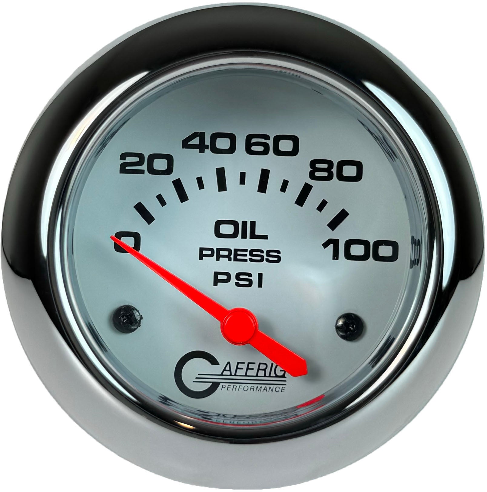 GAFFRIG PART #13002 2 5/8 INCH ELECTRIC OIL PRESSURE 0-100 PSI - INCLUDES SENDER WHITE CHROME