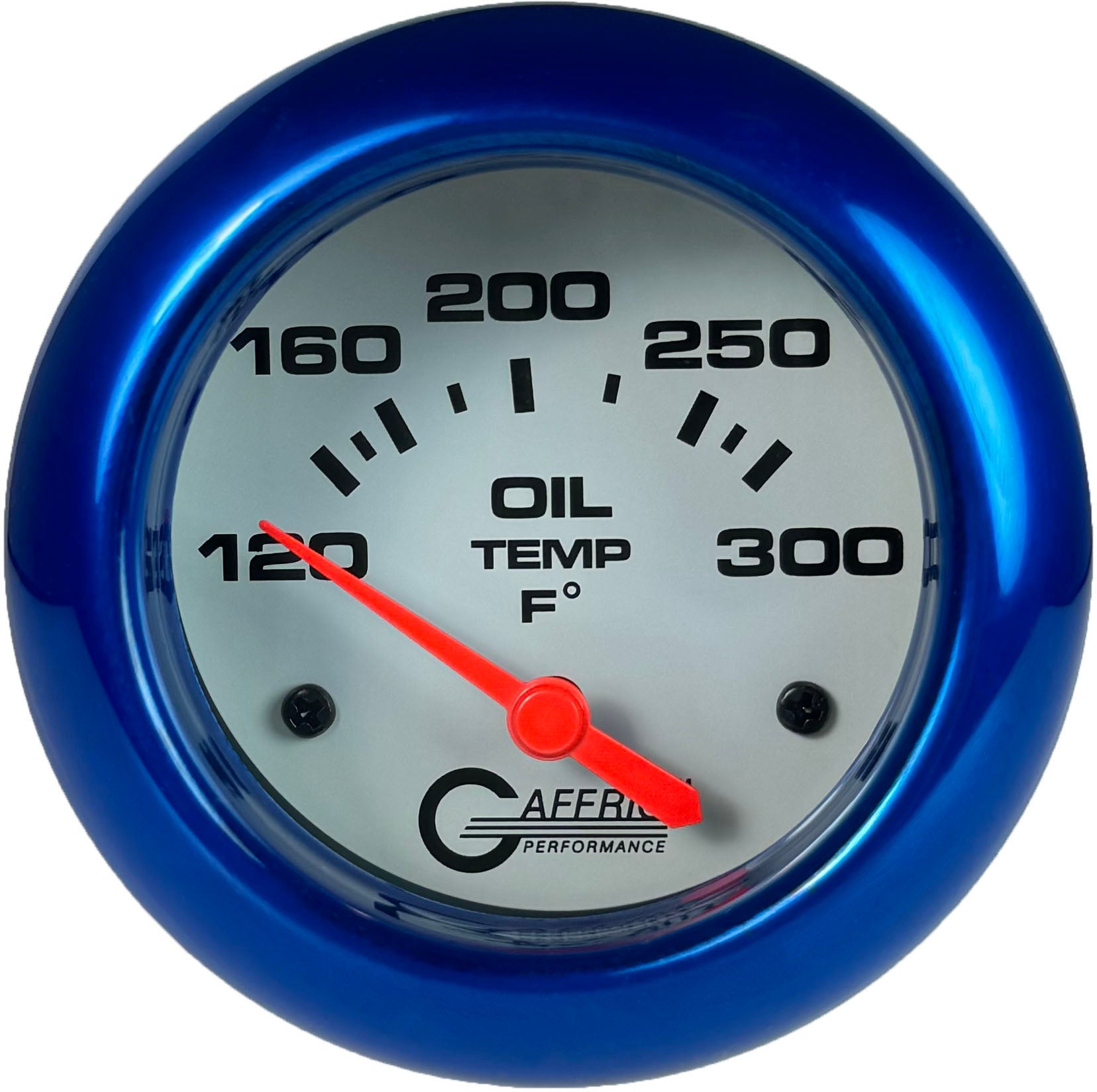 GAFFRIG PART #13003 2 5/8 INCH ELECTRIC OIL TEMP GAUGE 100-300 F - INCLUDES SENDER & BUSHING KIT WHITE BLUE