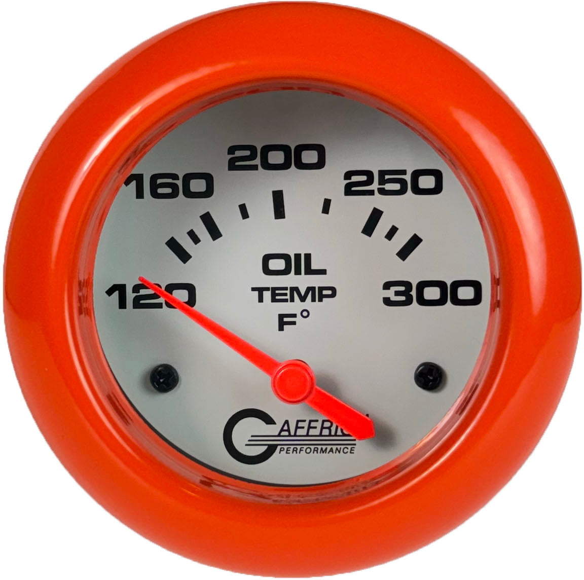 GAFFRIG PART #13003 2 5/8 INCH ELECTRIC OIL TEMP GAUGE 100-300 F - INCLUDES SENDER & BUSHING KIT WHITE ORANGE