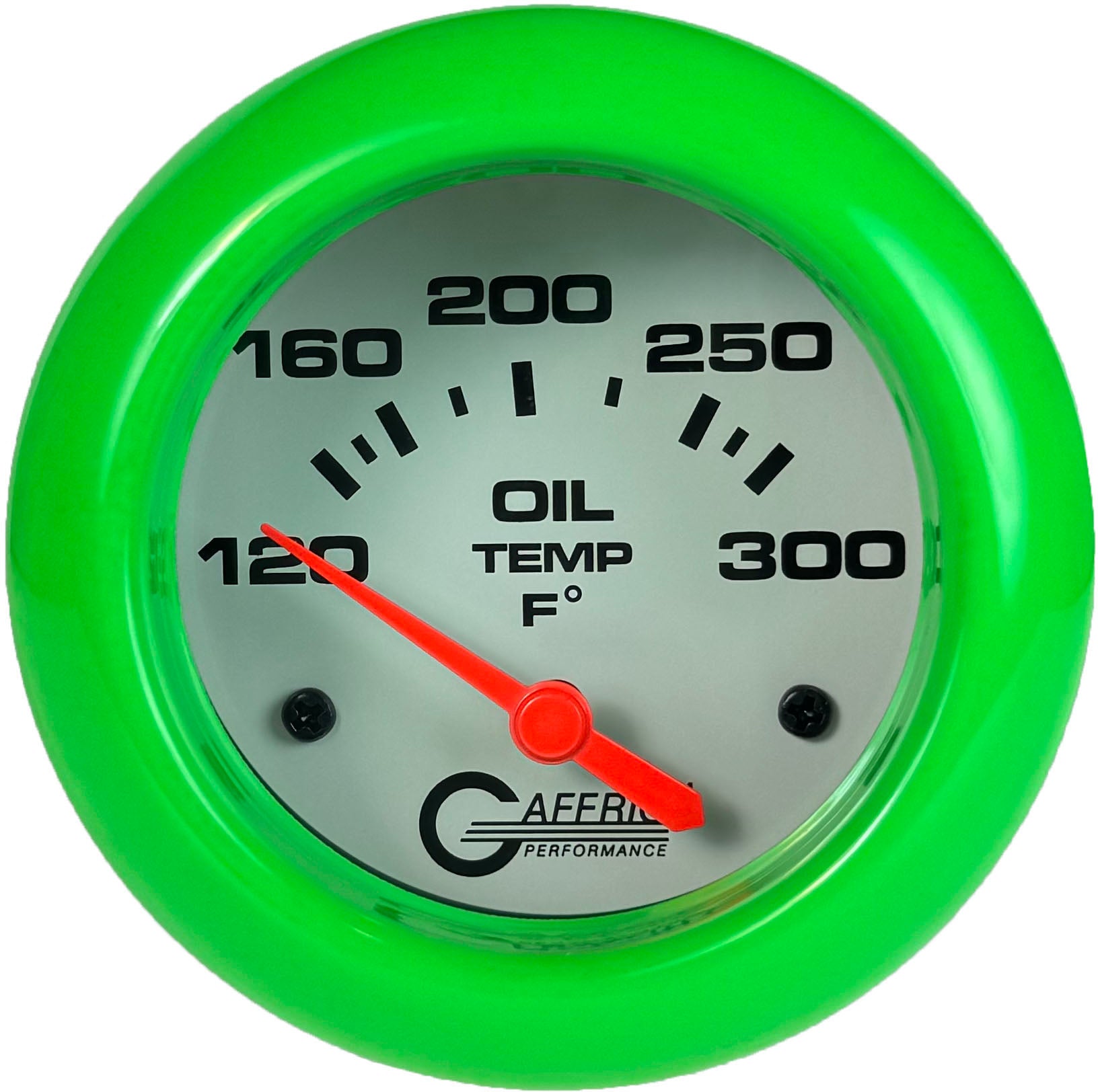 GAFFRIG PART #13003 2 5/8 INCH ELECTRIC OIL TEMP GAUGE 100-300 F - INCLUDES SENDER & BUSHING KIT WHITE LIME GREEN