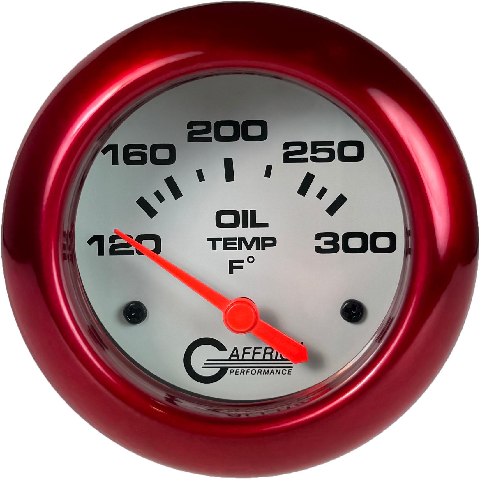 GAFFRIG PART #13003 2 5/8 INCH ELECTRIC OIL TEMP GAUGE 100-300 F - INCLUDES SENDER & BUSHING KIT WHITE RED