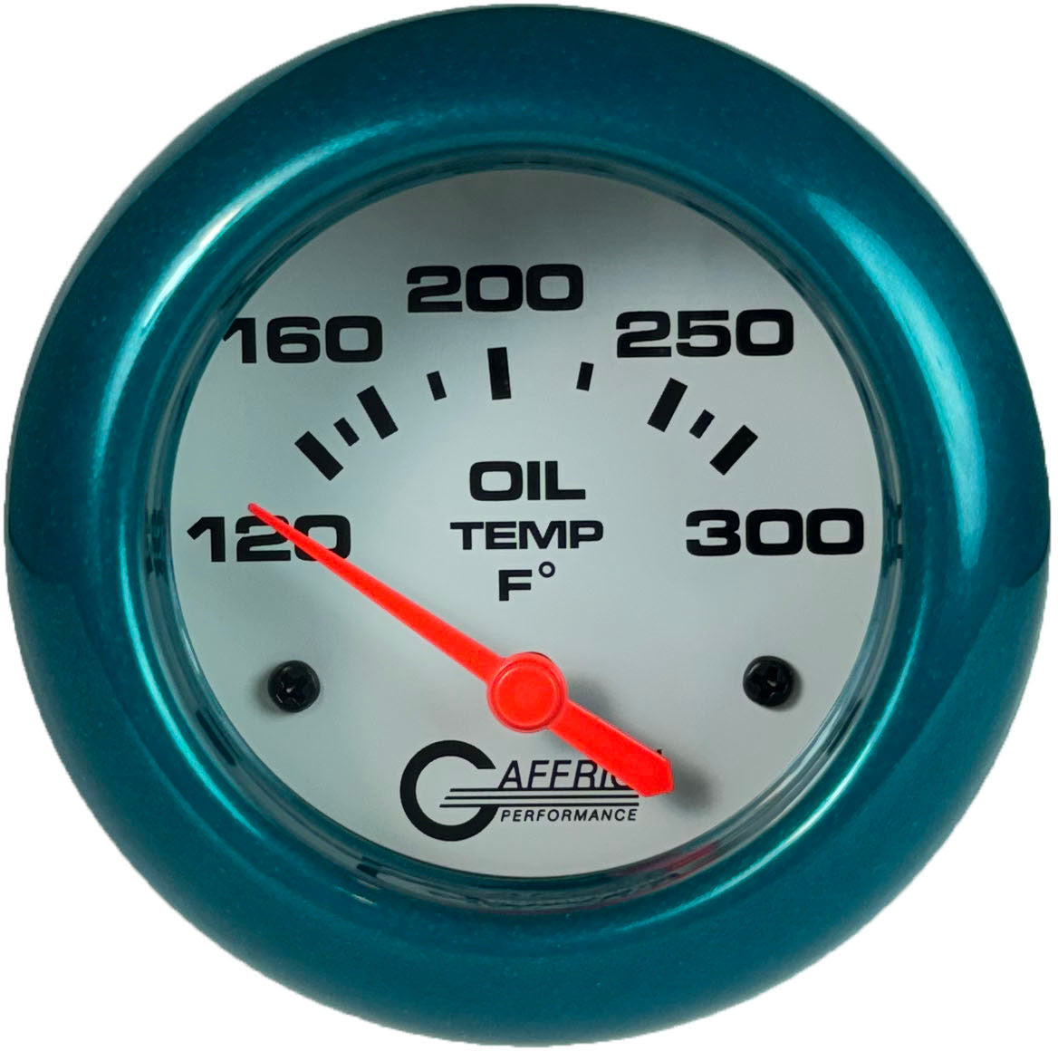 GAFFRIG PART #13003 2 5/8 INCH ELECTRIC OIL TEMP GAUGE 100-300 F - INCLUDES SENDER & BUSHING KIT WHITE TEAL