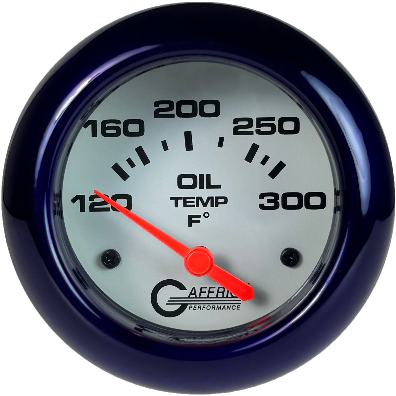 GAFFRIG PART #13003 2 5/8 INCH ELECTRIC OIL TEMP GAUGE 100-300 F - INCLUDES SENDER & BUSHING KIT WHITE PURPLE