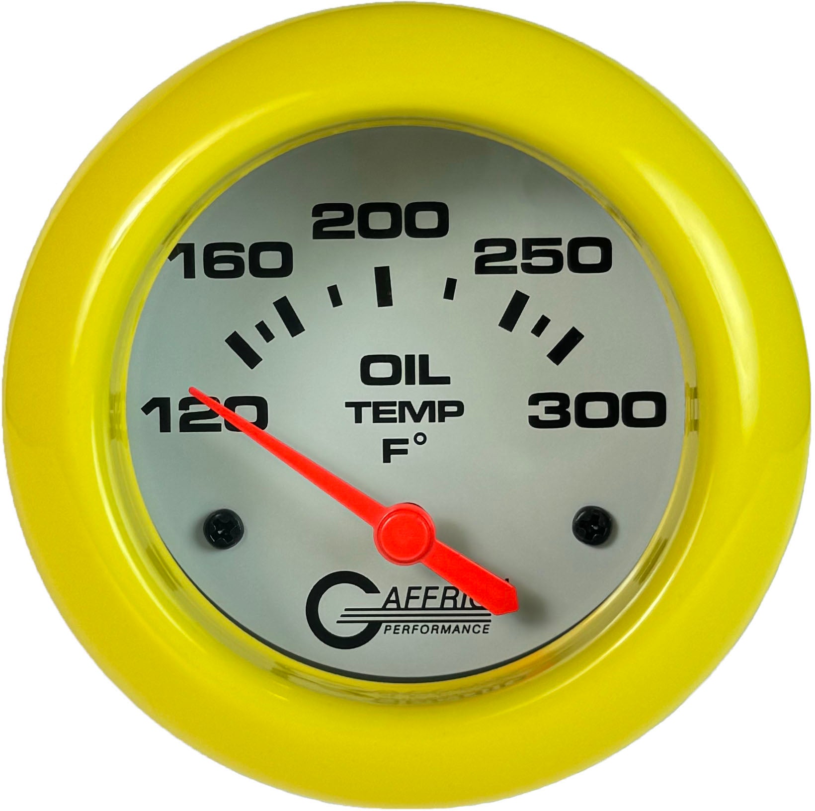 GAFFRIG PART #13003 2 5/8 INCH ELECTRIC OIL TEMP GAUGE 100-300 F - INCLUDES SENDER & BUSHING KIT WHITE YELLOW