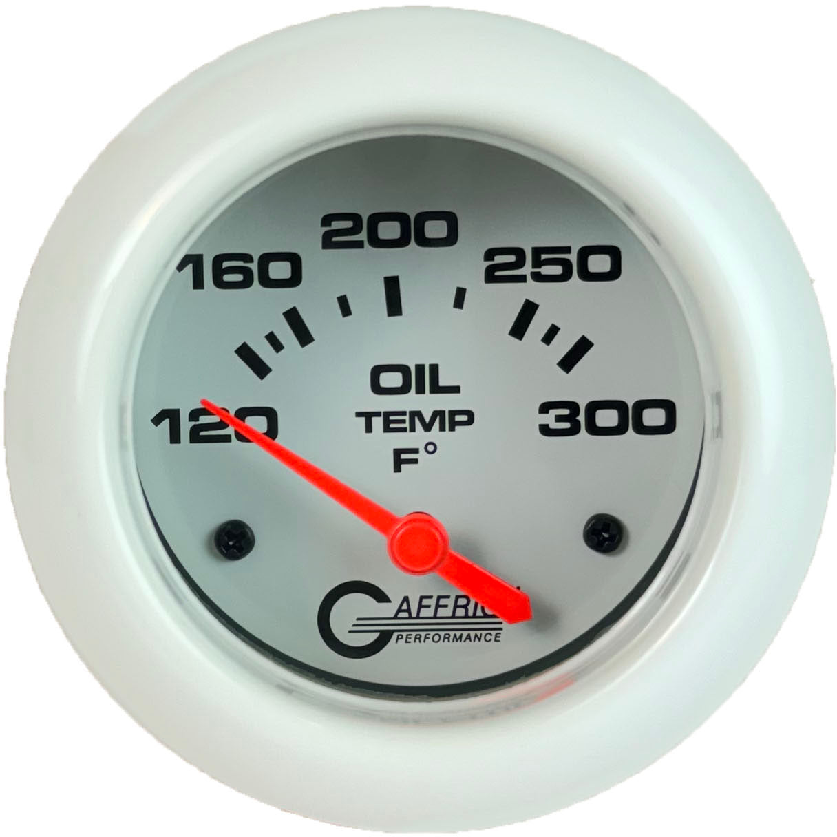 GAFFRIG PART #13003 2 5/8 INCH ELECTRIC OIL TEMP GAUGE 100-300 F - INCLUDES SENDER & BUSHING KIT WHITE WHITE