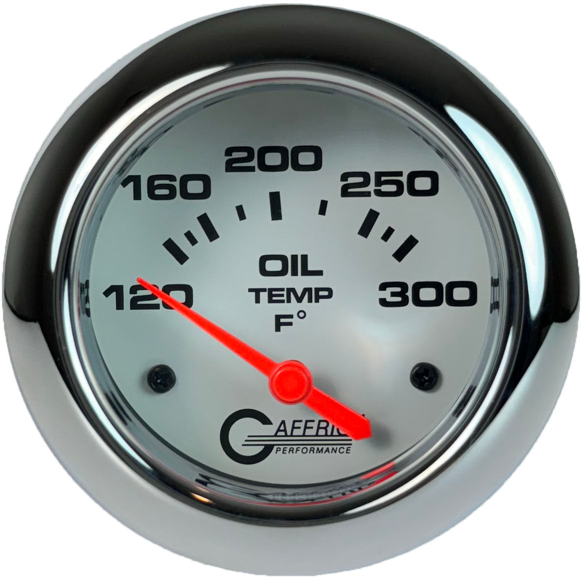 GAFFRIG PART #13003 2 5/8 INCH ELECTRIC OIL TEMP GAUGE 100-300 F - INCLUDES SENDER & BUSHING KIT WHITE CHROME