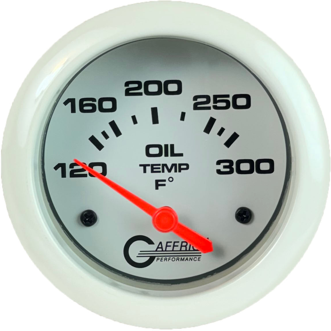 GAFFRIG PART #13003 2 5/8 INCH ELECTRIC OIL TEMP GAUGE 100-300 F - INCLUDES SENDER & BUSHING KIT WHITE NO FAT RIM (STANDARD)