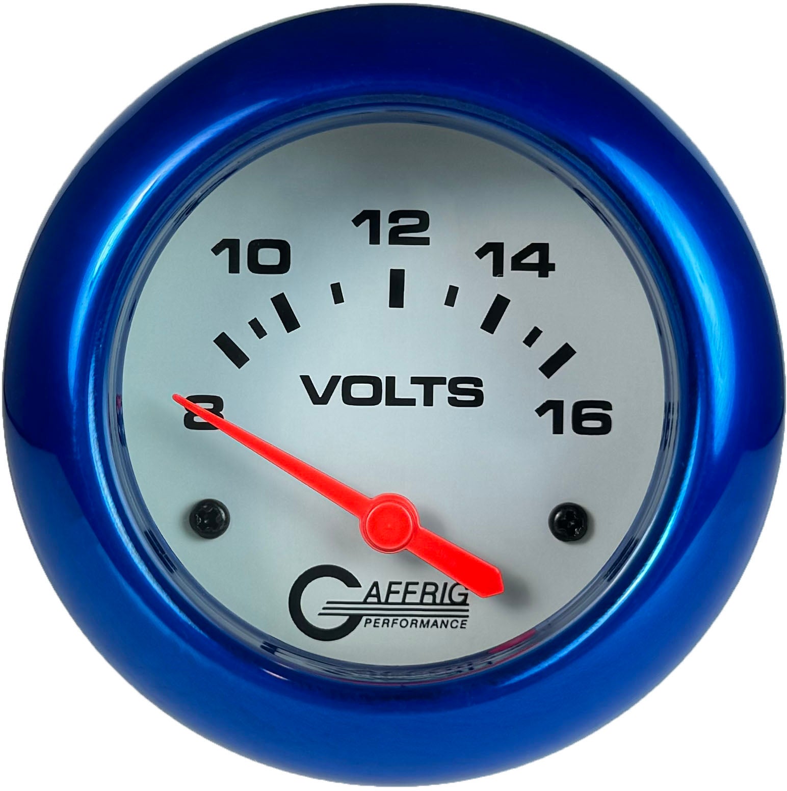 GAFFRIG PART #13005 2 5/8 INCH ELECTRIC VOLTMETER GAUGE 8-16V WHITE BLUE