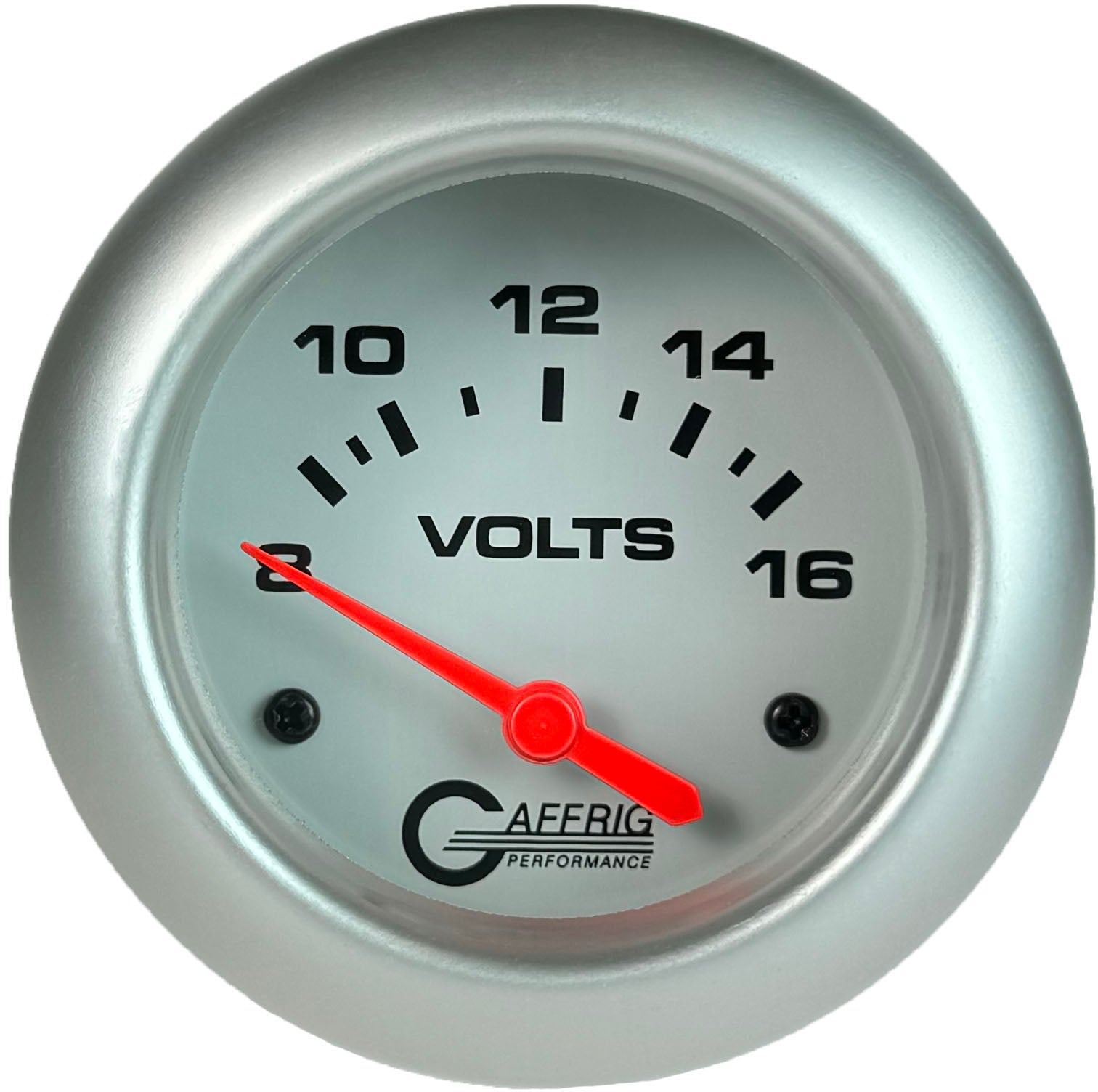 GAFFRIG PART #13005 2 5/8 INCH ELECTRIC VOLTMETER GAUGE 8-16V WHITE PLATINUM