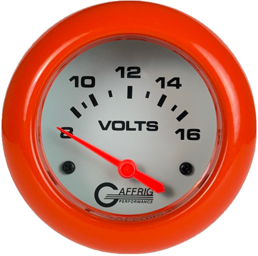 GAFFRIG PART #13005 2 5/8 INCH ELECTRIC VOLTMETER GAUGE 8-16V WHITE ORANGE