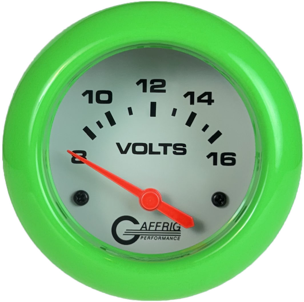 GAFFRIG PART #13005 2 5/8 INCH ELECTRIC VOLTMETER GAUGE 8-16V WHITE LIME GREEN