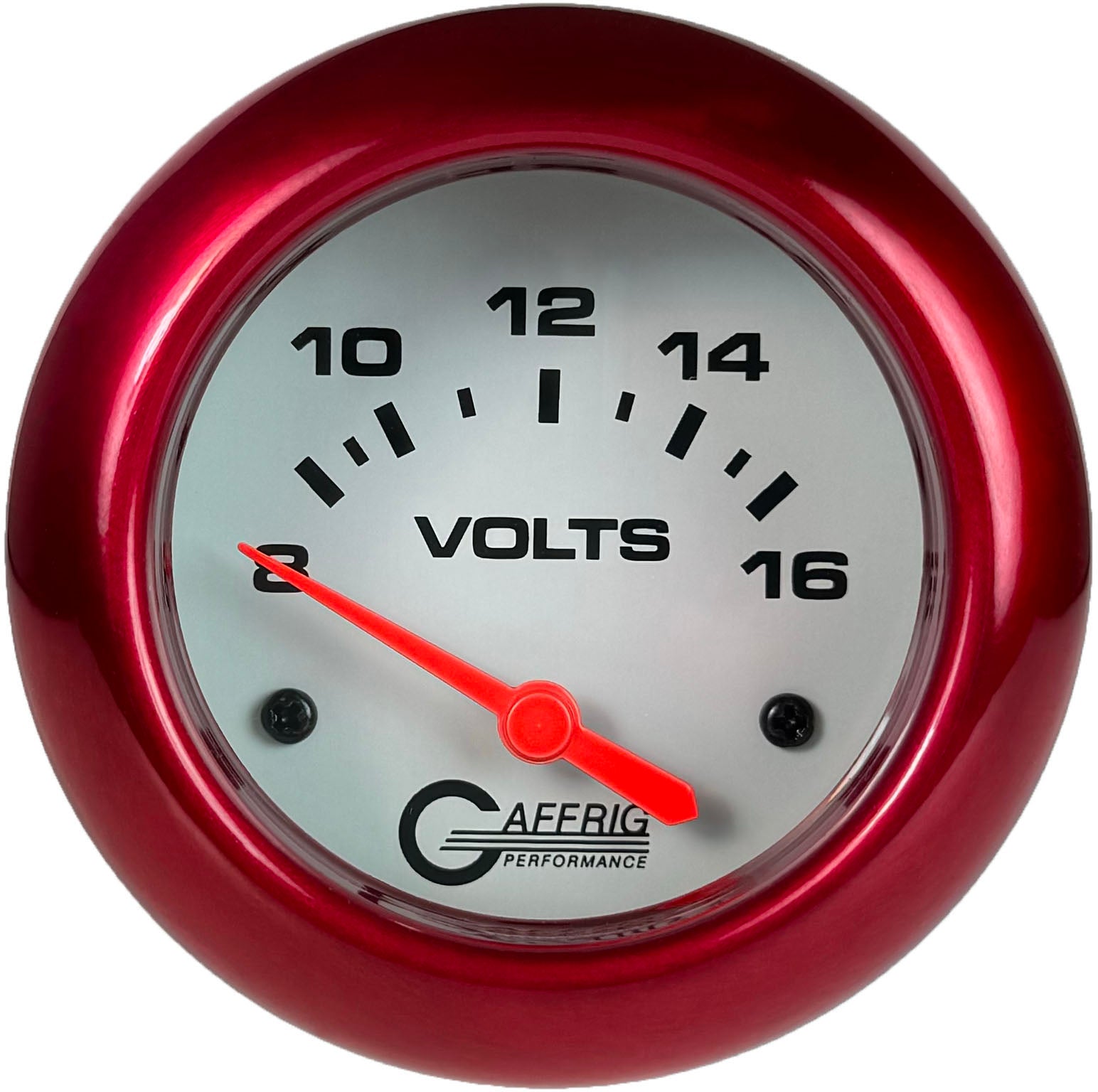 GAFFRIG PART #13005 2 5/8 INCH ELECTRIC VOLTMETER GAUGE 8-16V WHITE RED