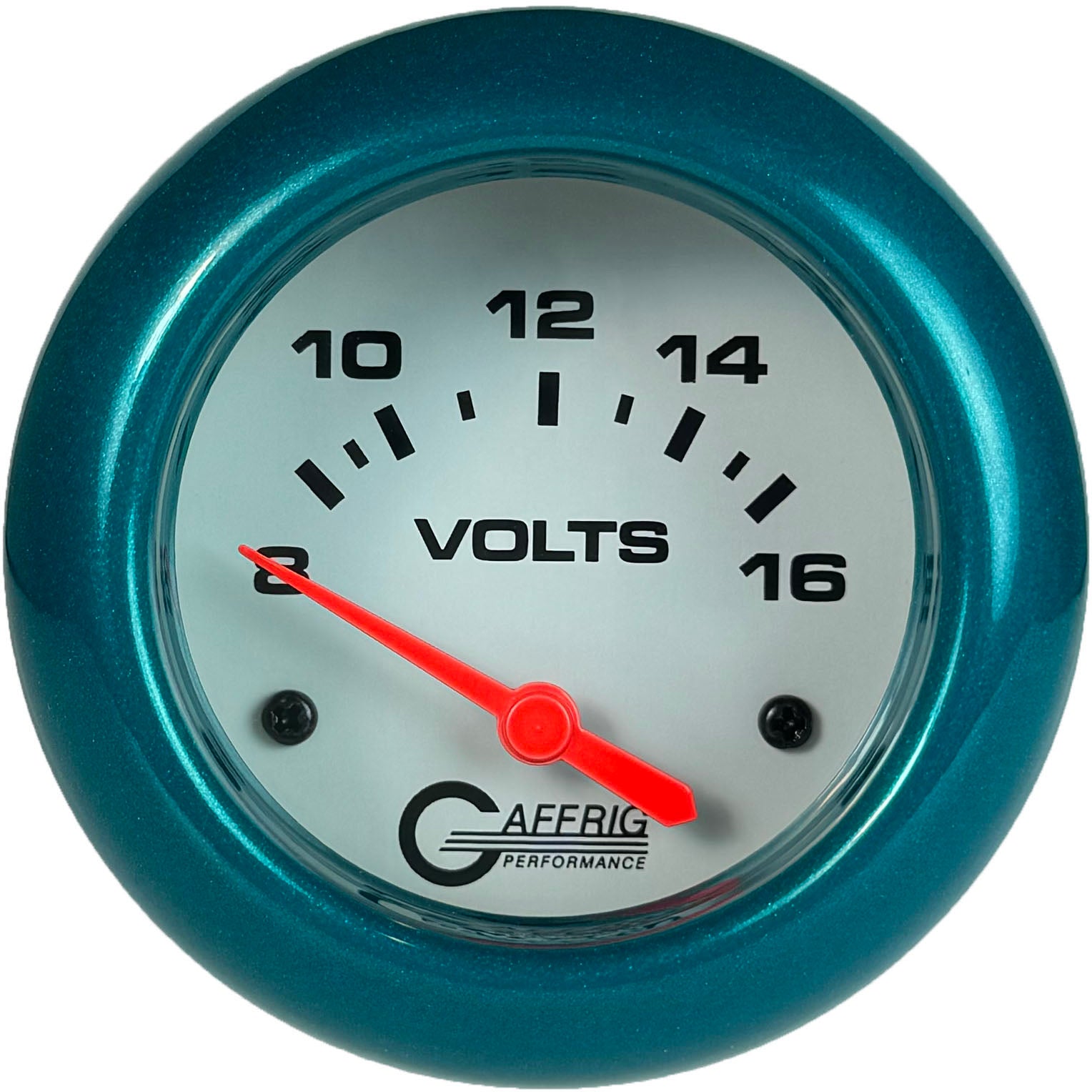 GAFFRIG PART #13005 2 5/8 INCH ELECTRIC VOLTMETER GAUGE 8-16V WHITE TEAL