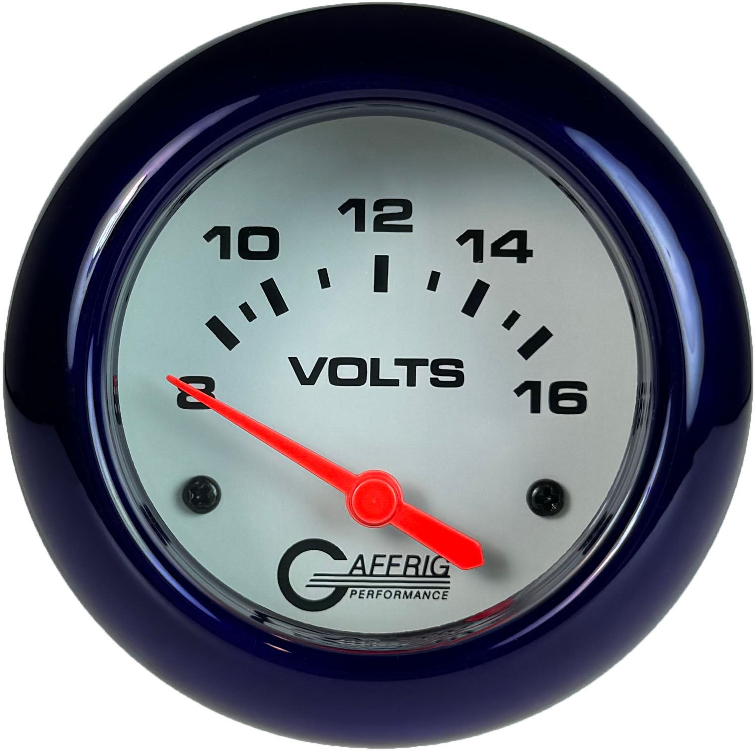 GAFFRIG PART #13005 2 5/8 INCH ELECTRIC VOLTMETER GAUGE 8-16V WHITE PURPLE