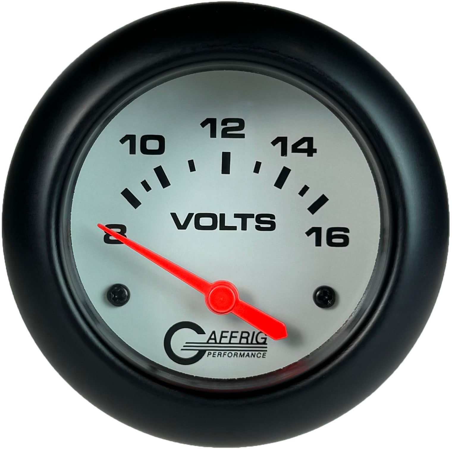GAFFRIG PART #13005 2 5/8 INCH ELECTRIC VOLTMETER GAUGE 8-16V WHITE BLACK