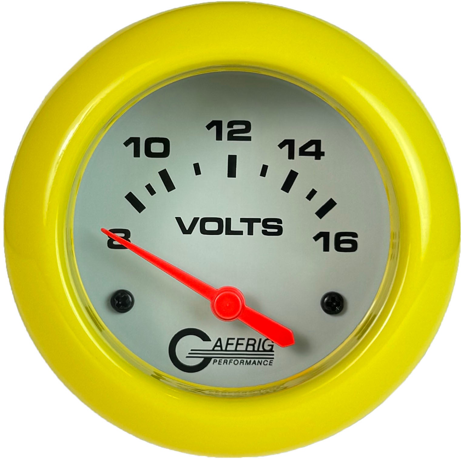GAFFRIG PART #13005 2 5/8 INCH ELECTRIC VOLTMETER GAUGE 8-16V WHITE YELLOW