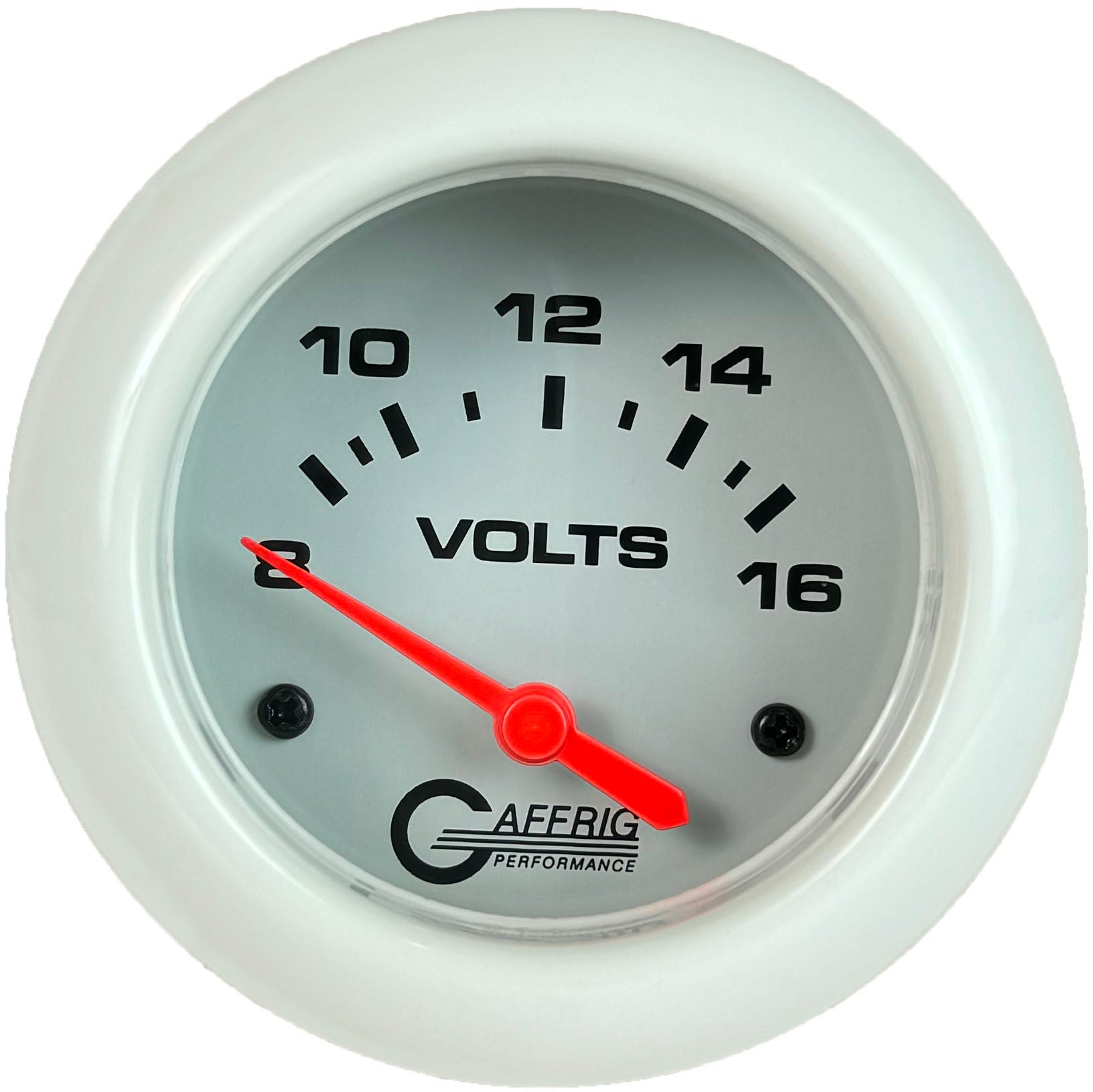 GAFFRIG PART #13005 2 5/8 INCH ELECTRIC VOLTMETER GAUGE 8-16V WHITE WHITE