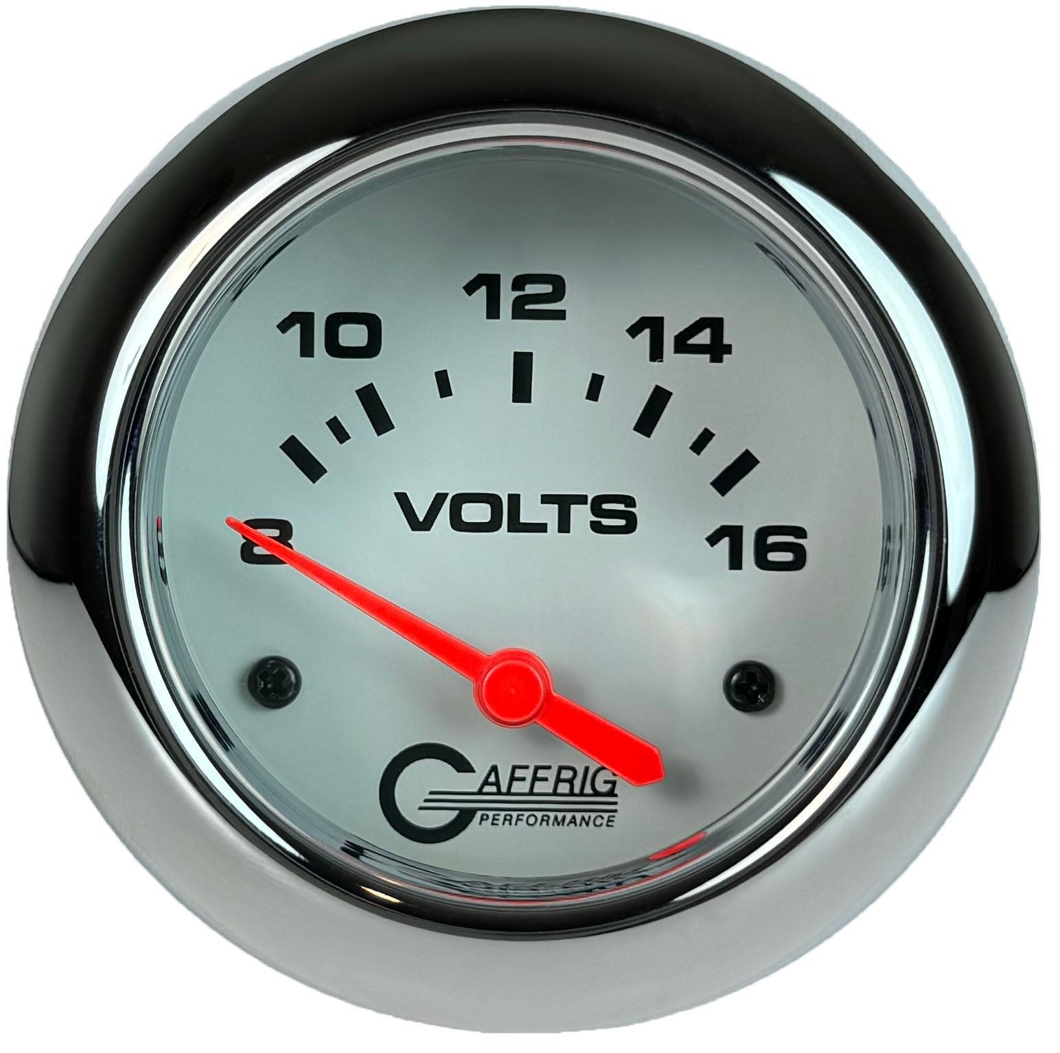 GAFFRIG PART #13005 2 5/8 INCH ELECTRIC VOLTMETER GAUGE 8-16V WHITE CHROME