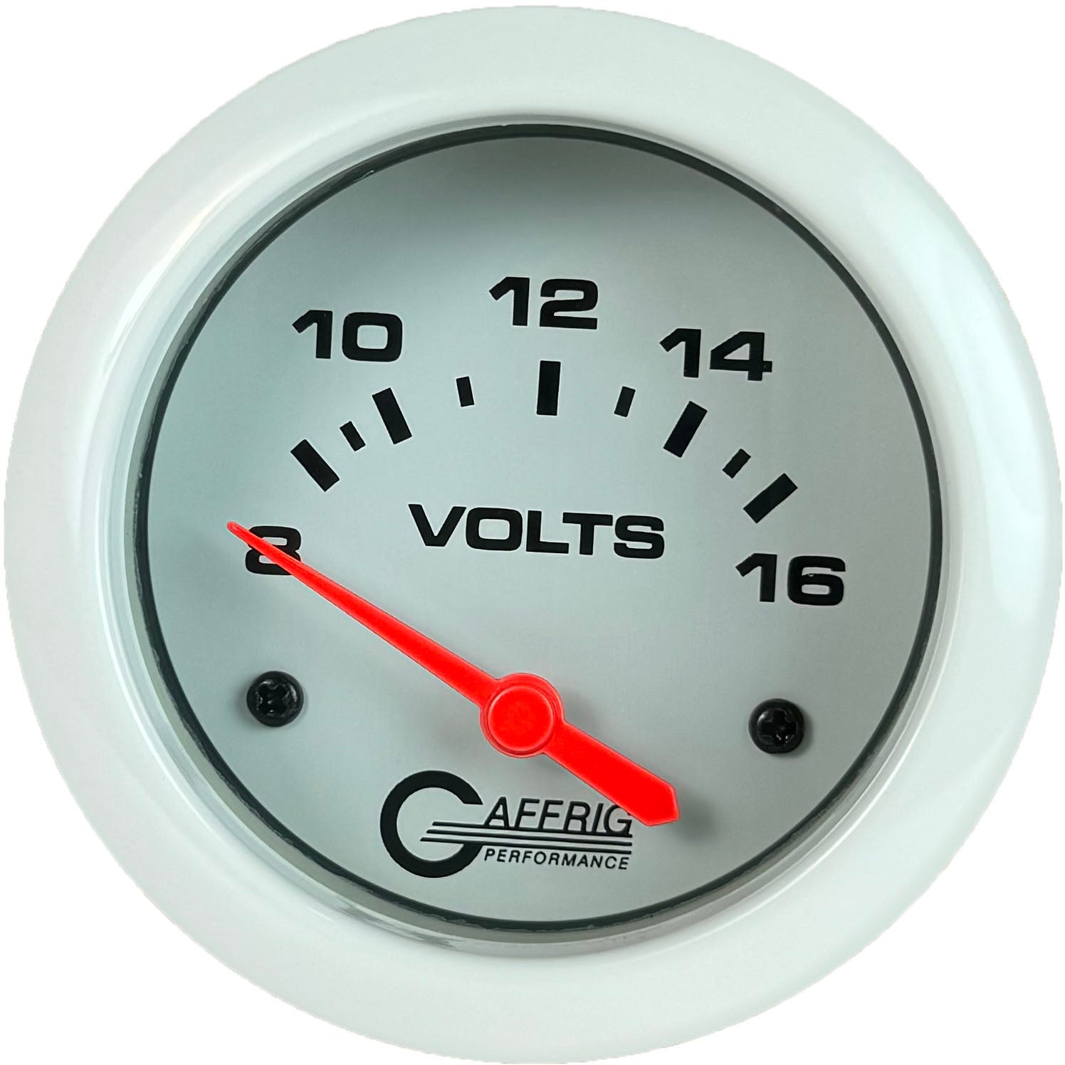 GAFFRIG PART #13005 2 5/8 INCH ELECTRIC VOLTMETER GAUGE 8-16V WHITE NO FAT RIM (STANDARD)