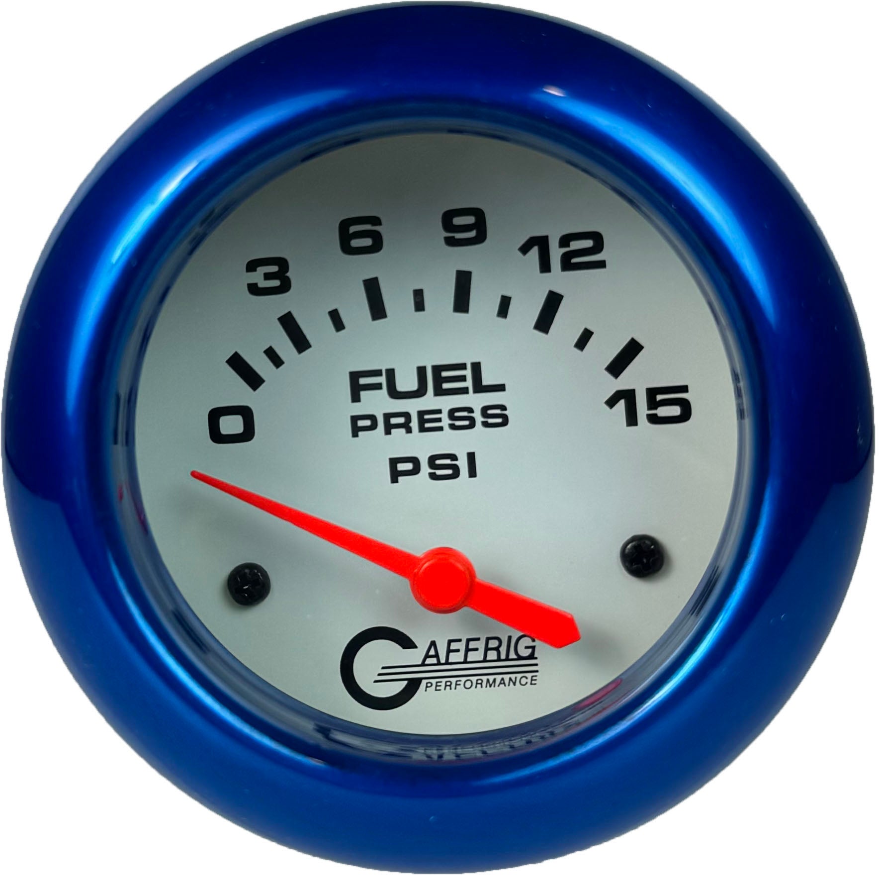 GAFFRIG PART #13007 2 5/8 INCH ELECTRIC FUEL PRESSURE GAUGE 0-15 PSI - INCLUDES SENDER WHITE BLUE