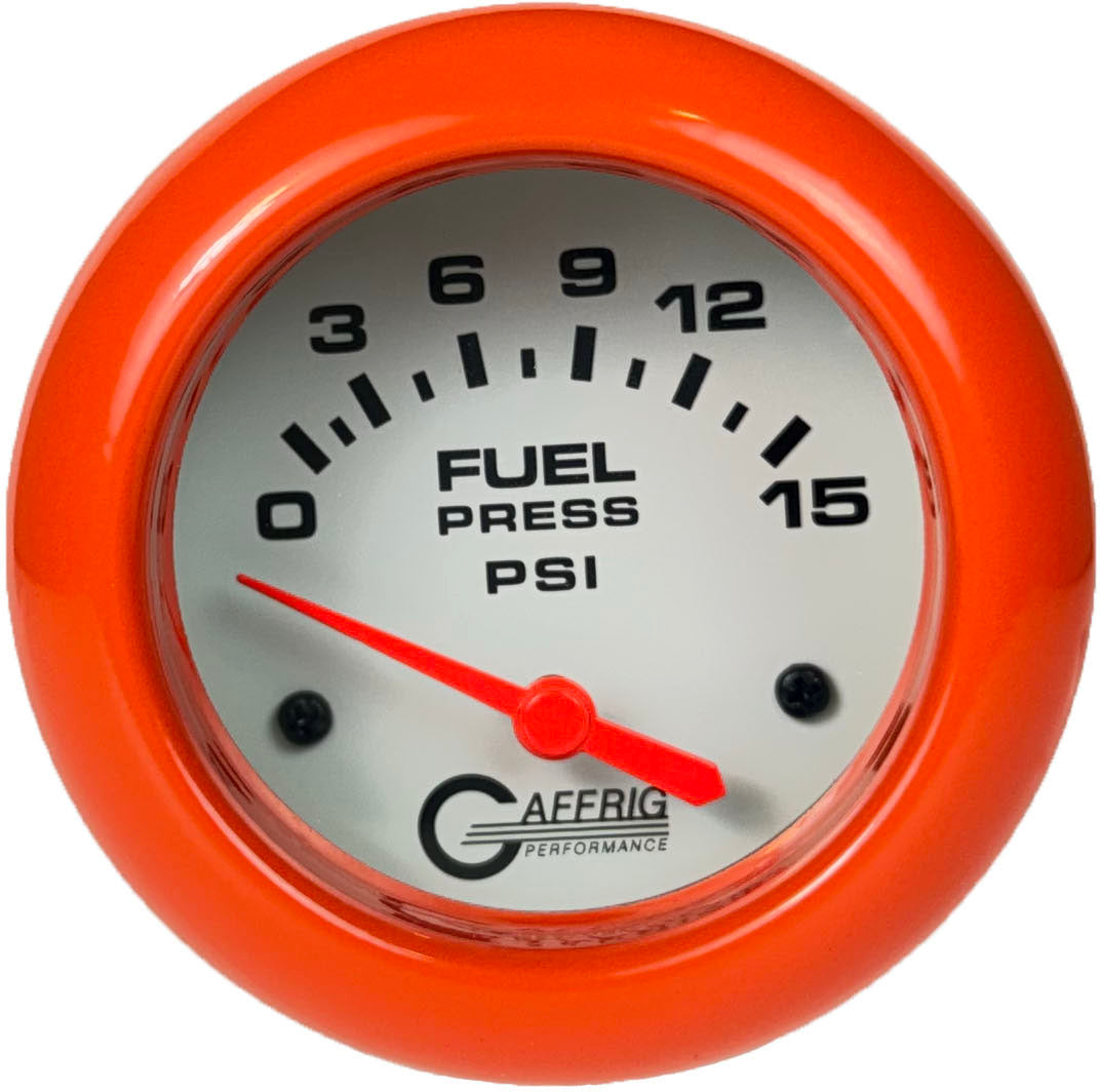 GAFFRIG PART #13007 2 5/8 INCH ELECTRIC FUEL PRESSURE GAUGE 0-15 PSI - INCLUDES SENDER WHITE ORANGE