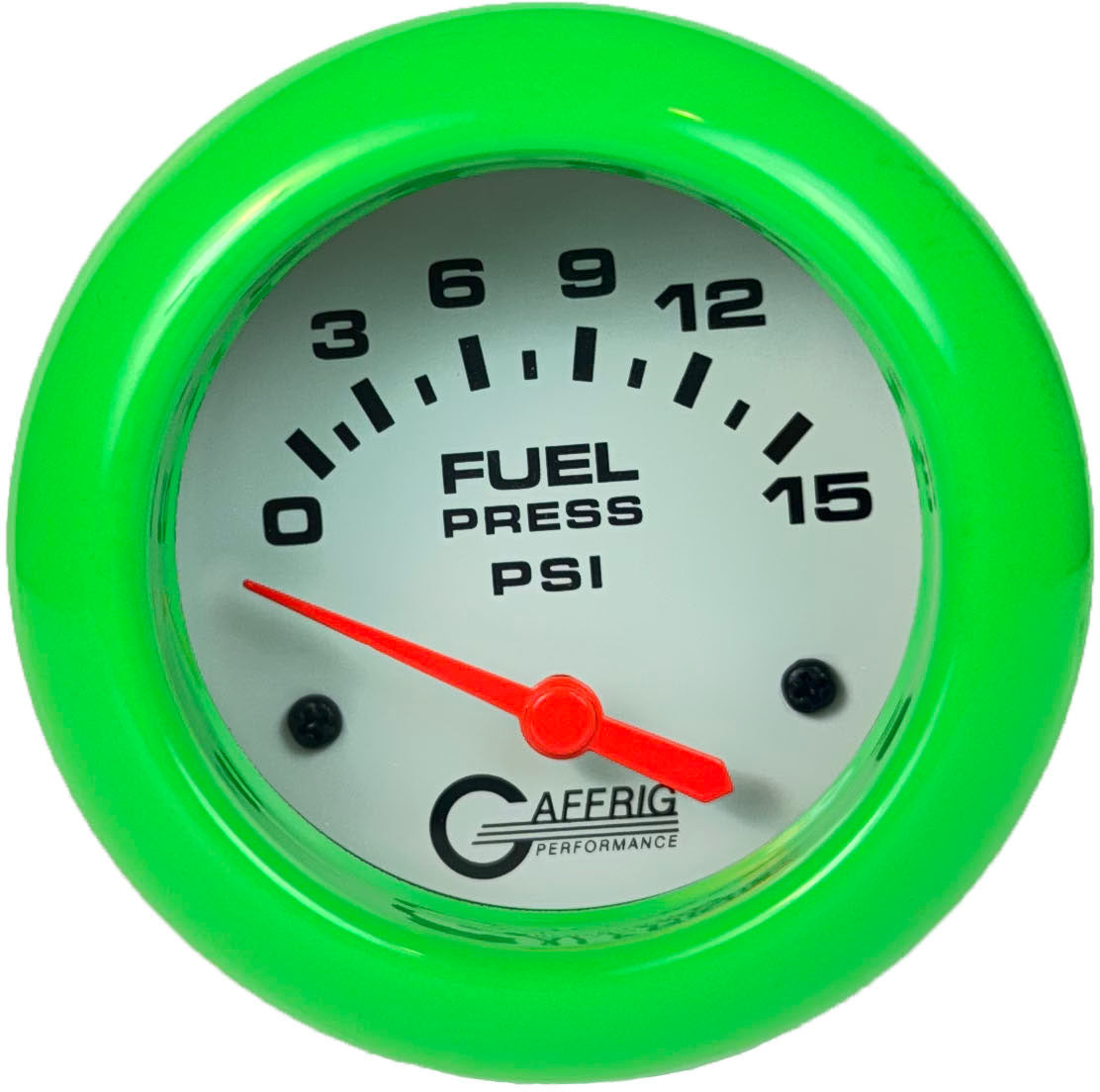 GAFFRIG PART #13007 2 5/8 INCH ELECTRIC FUEL PRESSURE GAUGE 0-15 PSI - INCLUDES SENDER WHITE LIME GREEN