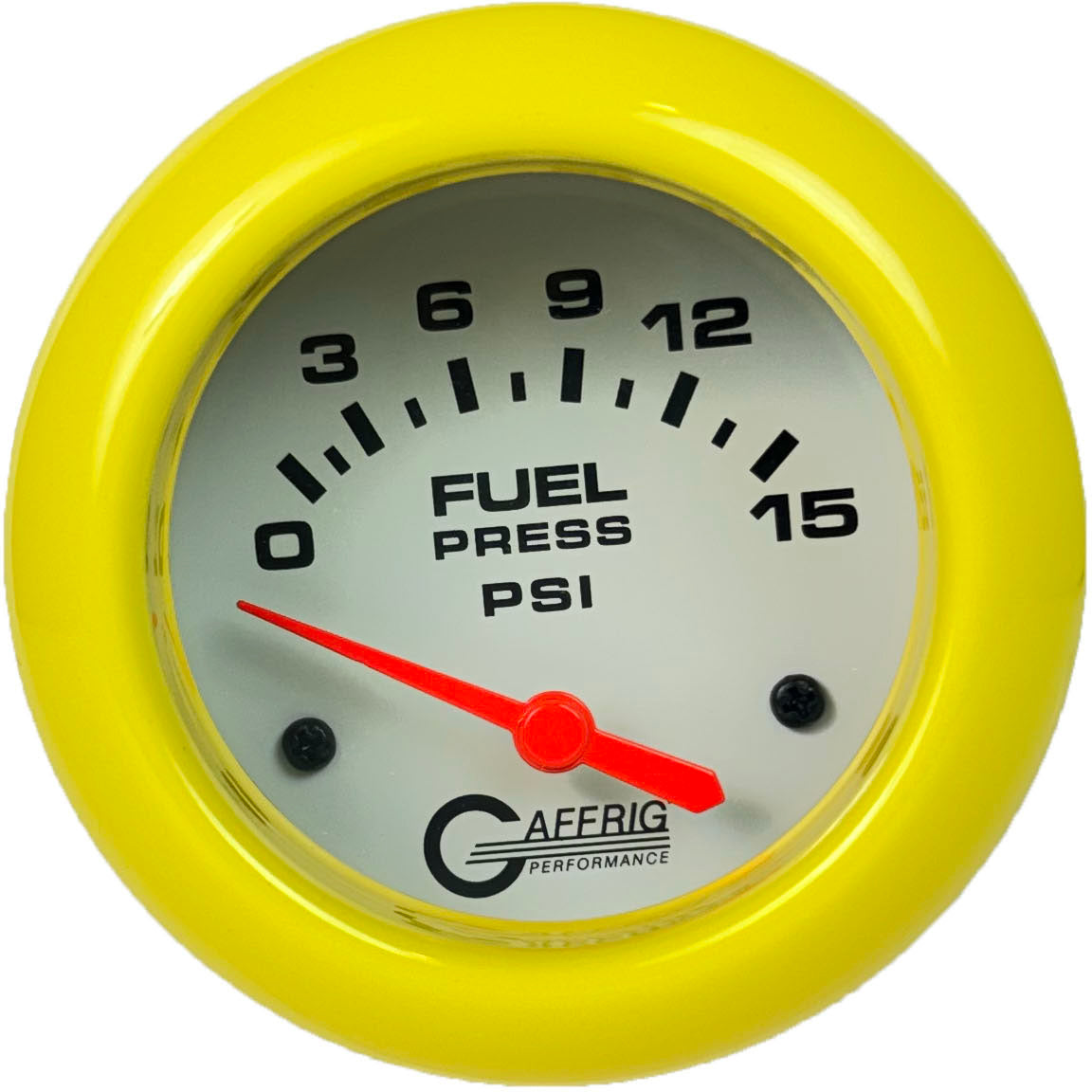 GAFFRIG PART #13007 2 5/8 INCH ELECTRIC FUEL PRESSURE GAUGE 0-15 PSI - INCLUDES SENDER WHITE YELLOW