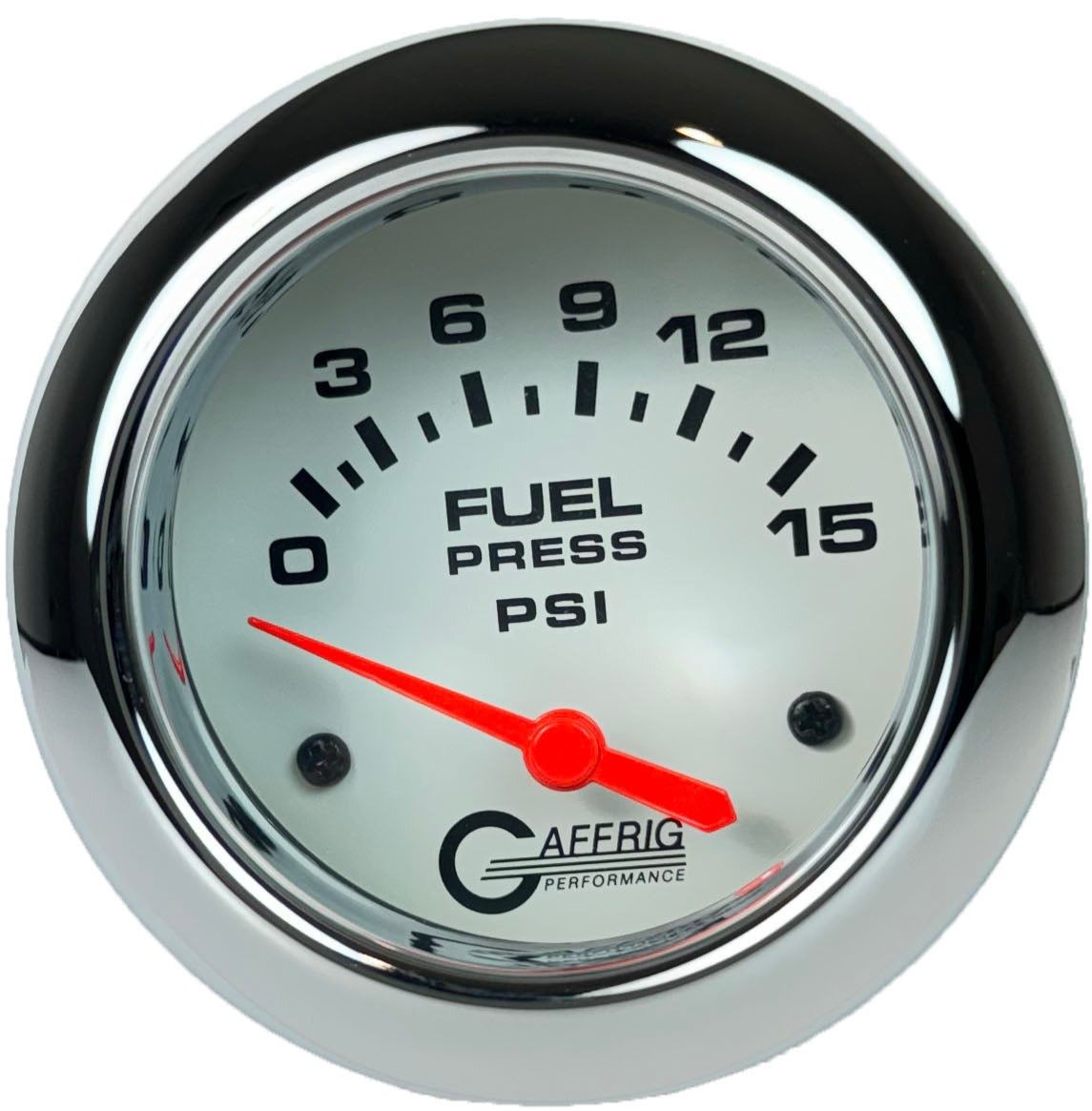 GAFFRIG PART #13007 2 5/8 INCH ELECTRIC FUEL PRESSURE GAUGE 0-15 PSI - INCLUDES SENDER WHITE CHROME