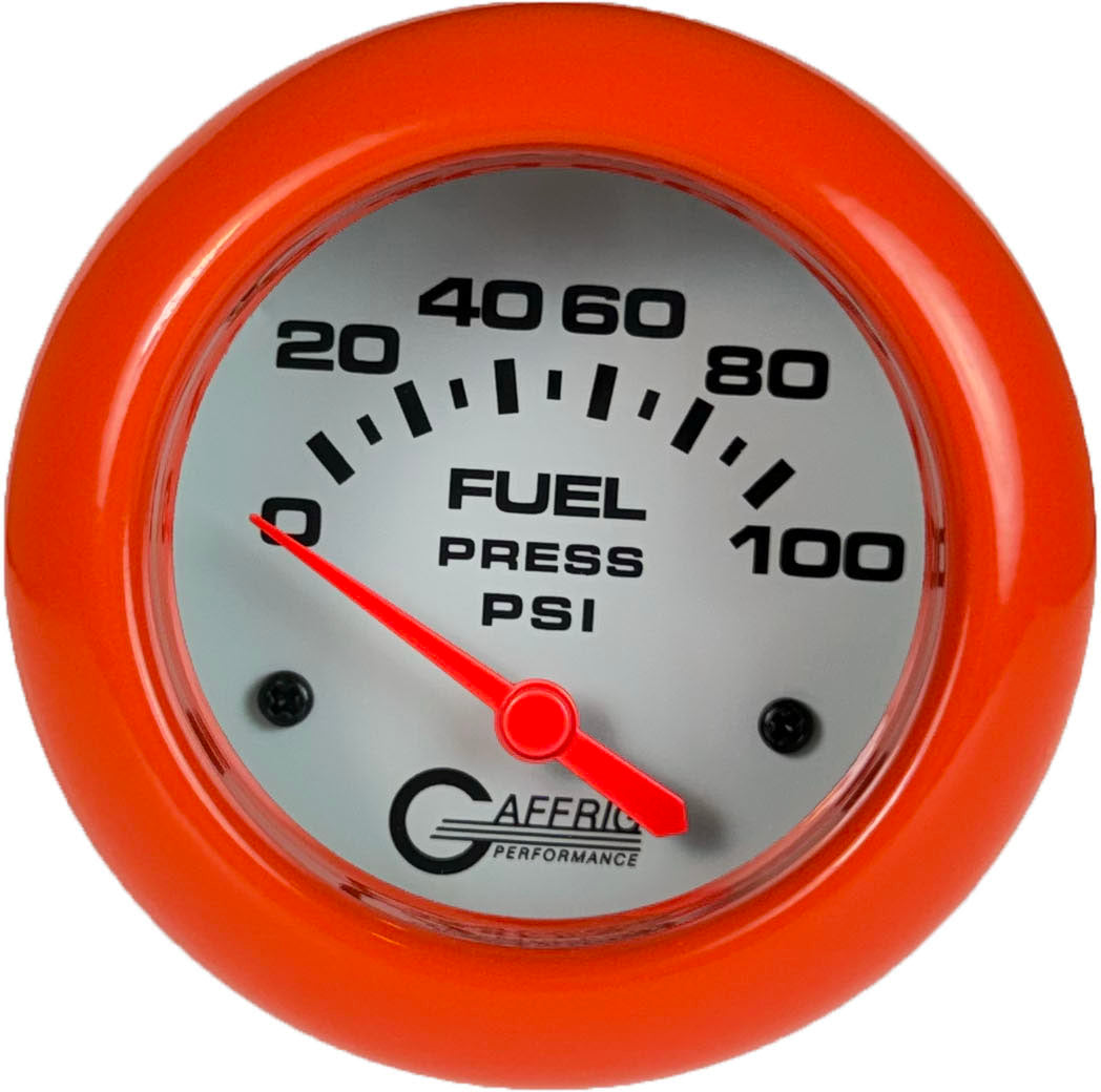 GAFFRIG PART #13008 2 5/8 INCH ELECTRIC FUEL PRESSURE GAUGE 0-100 PSI - INCLUDES SENDER WHITE ORANGE