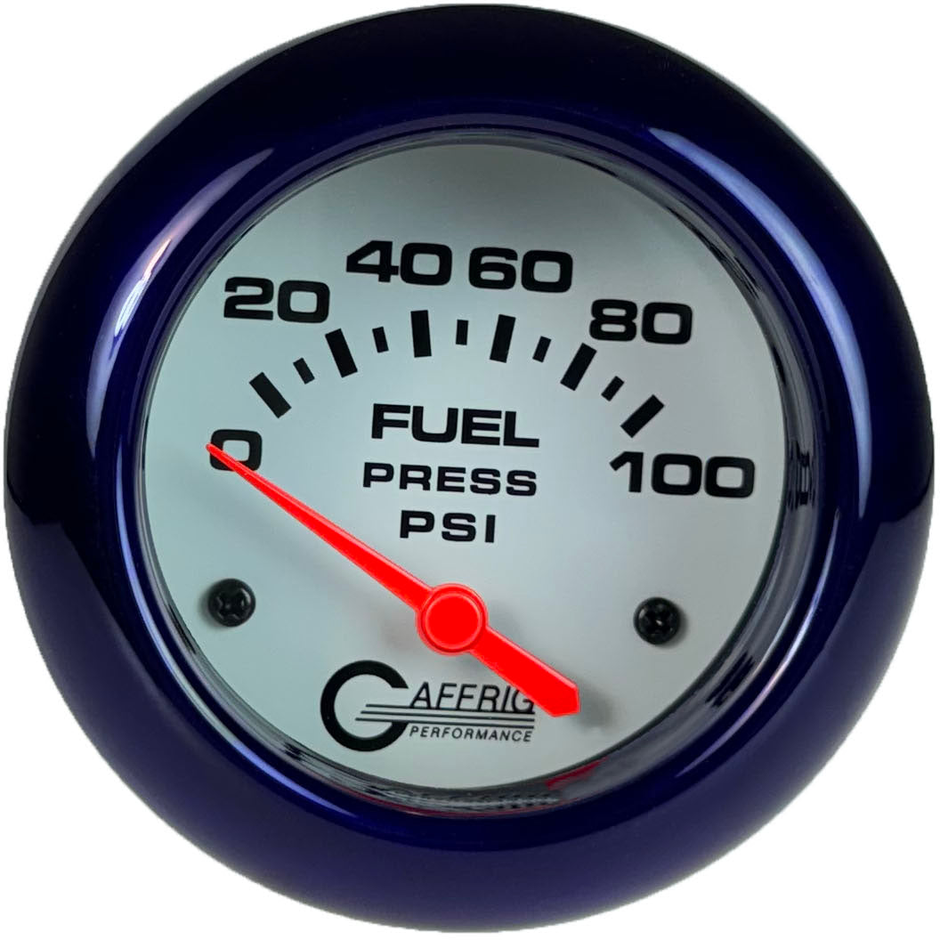 GAFFRIG PART #13008 2 5/8 INCH ELECTRIC FUEL PRESSURE GAUGE 0-100 PSI - INCLUDES SENDER WHITE PURPLE